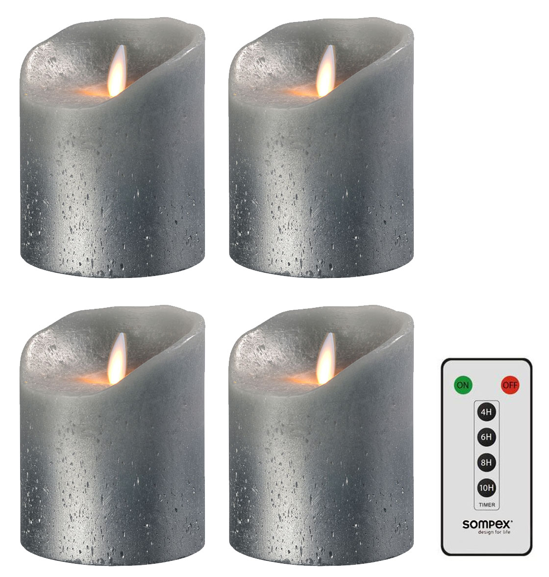 4er Set Sompex Flame LED Echtwachskerzen 10cm grau metallic mit Fernbedienung