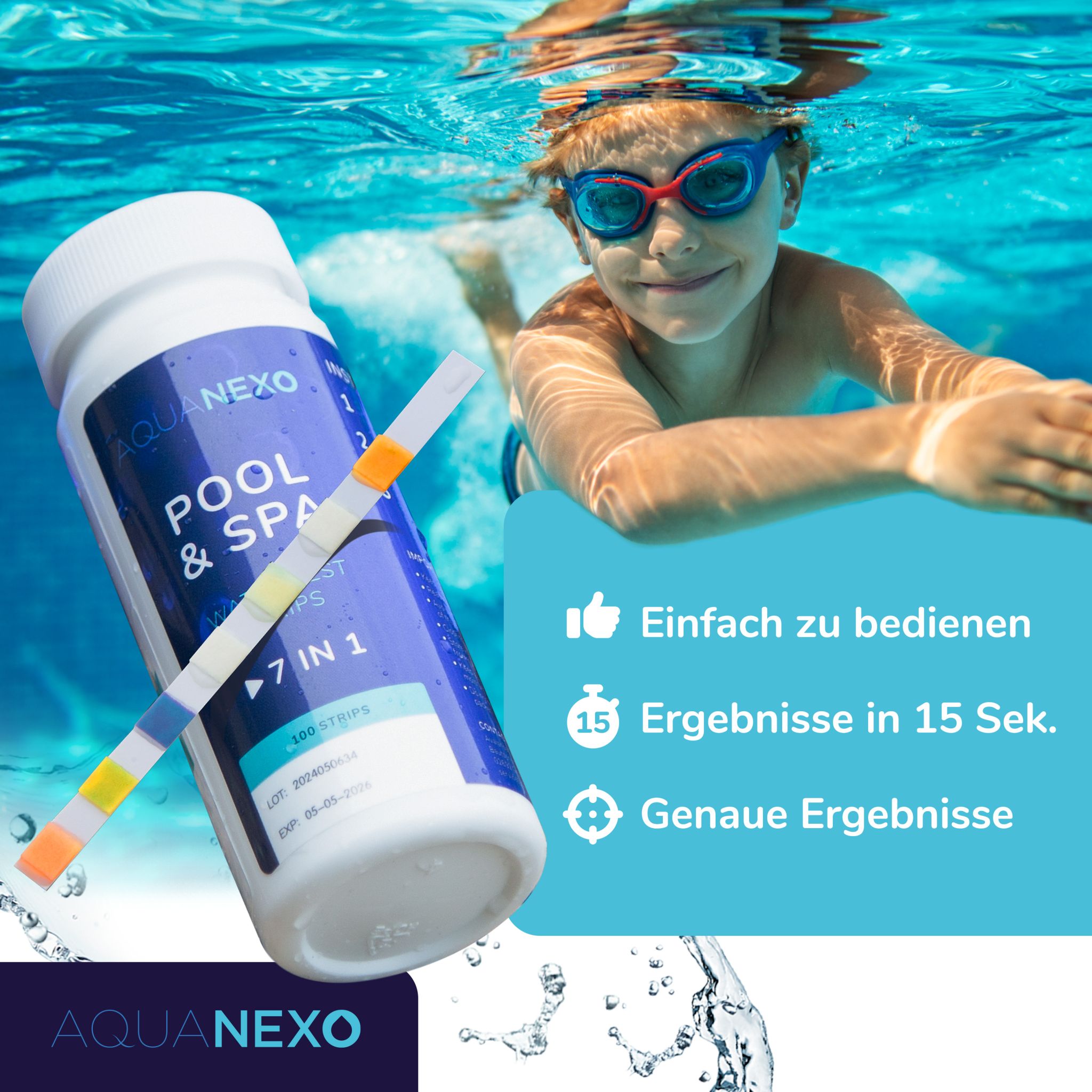 Aquanexo Teststreifen 7in1, pH und Chlor Wassertester 100 st.