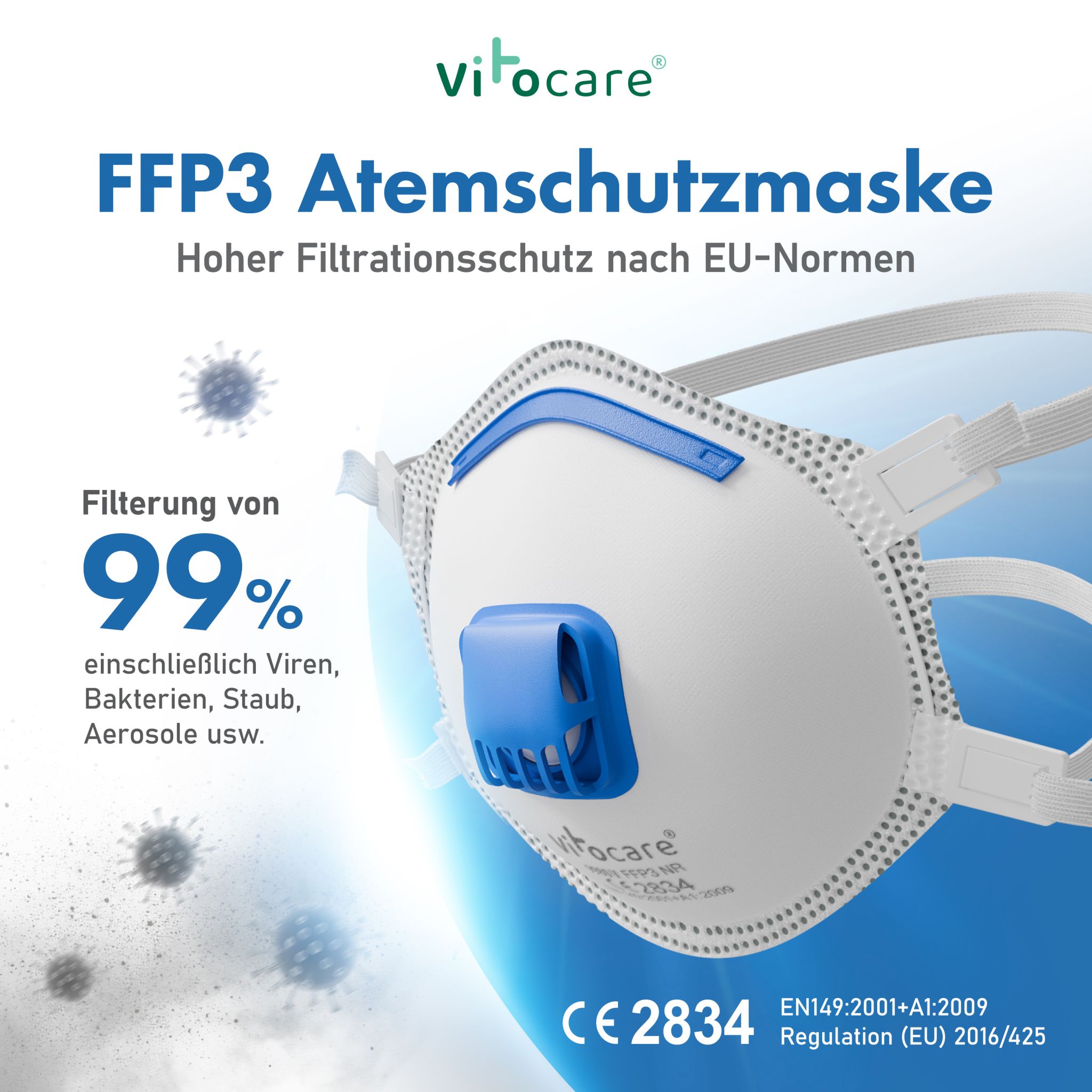 Vitocare FFP3 Atemschutzmaske mit Ventil, 20er Pack, weiß
