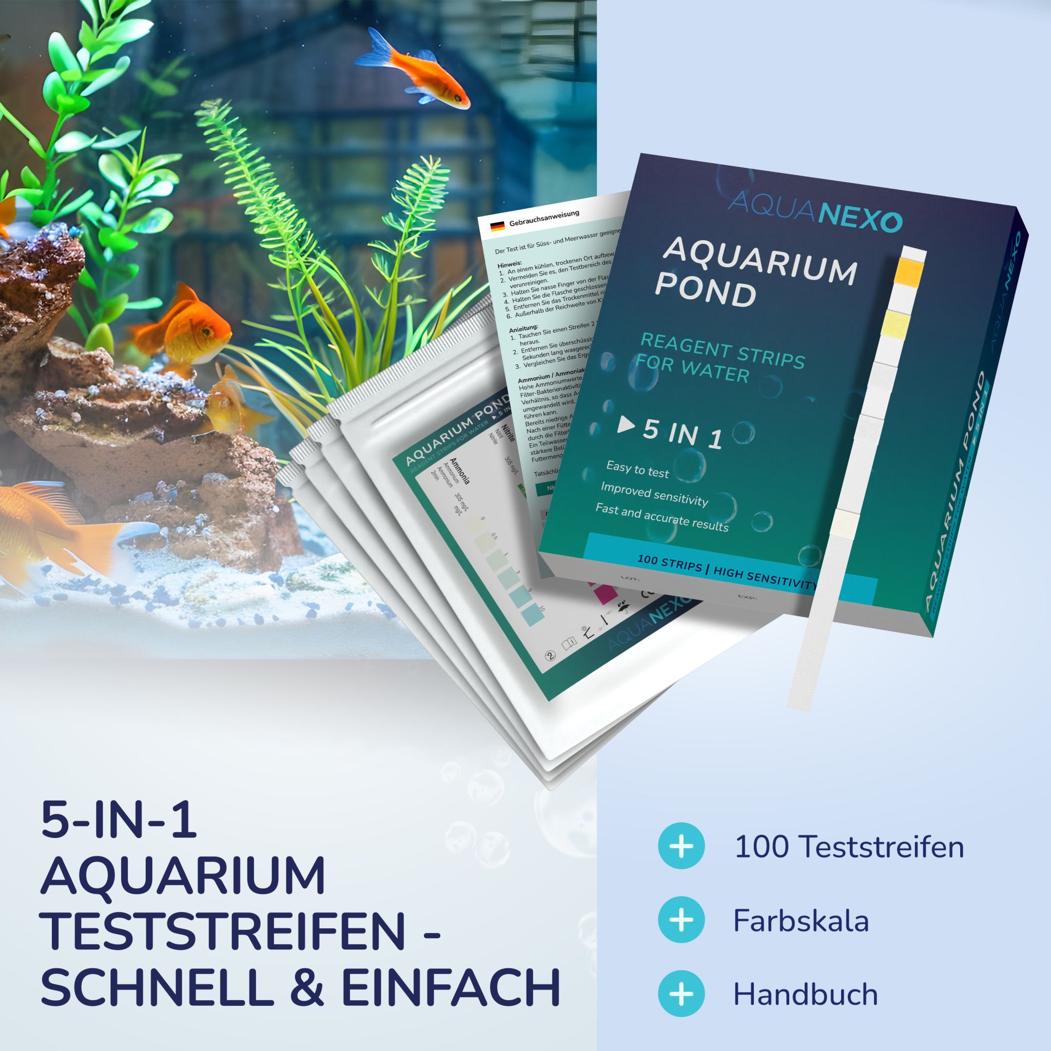 Aquanexo 5in1 Aquarium Teststreifen – Wassertest 100 Stück