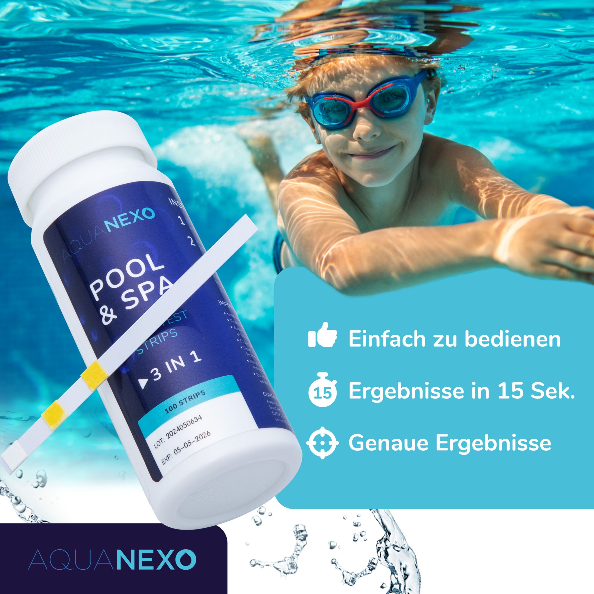 Aquanexo Pool Teststreifen 3in1 pH und Chlor Wassertester 100 st.