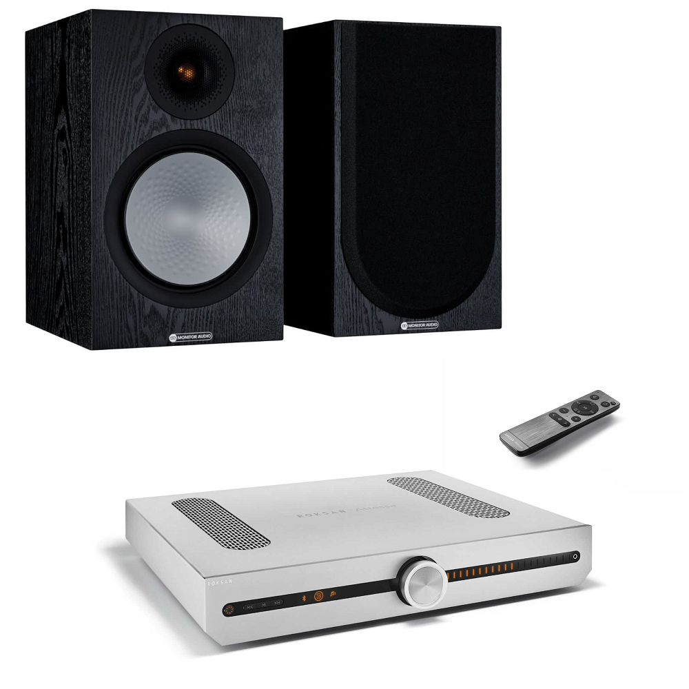 Monitor Audio 2x Kompaktlautsprecher + Roksan Verstärker Eiche Schwarz/Silber
