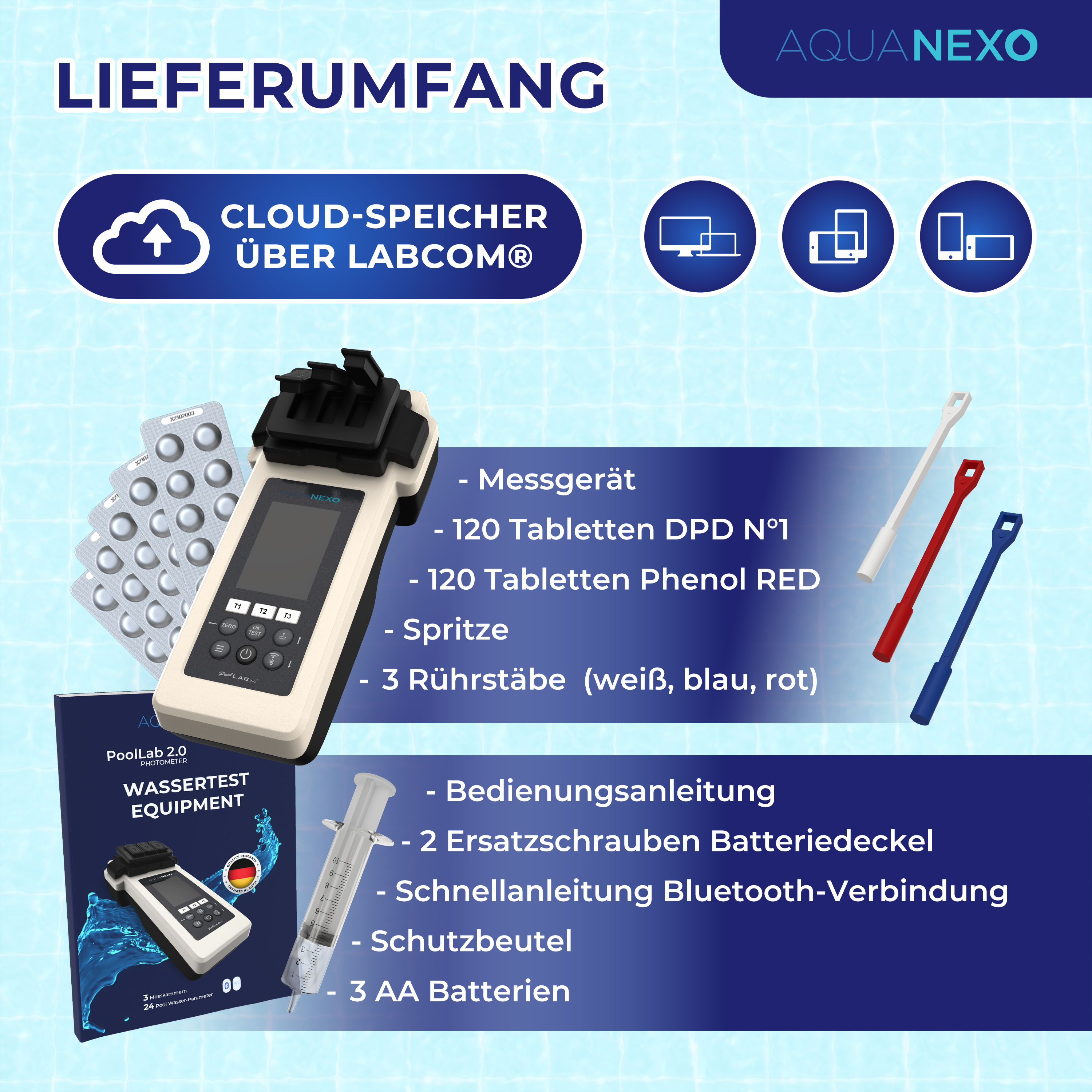 Elektronischer Wassertester PoolLAB 2.0 Photometer Set inkl. 2x120 Tabletten Chlor + Phenol Red