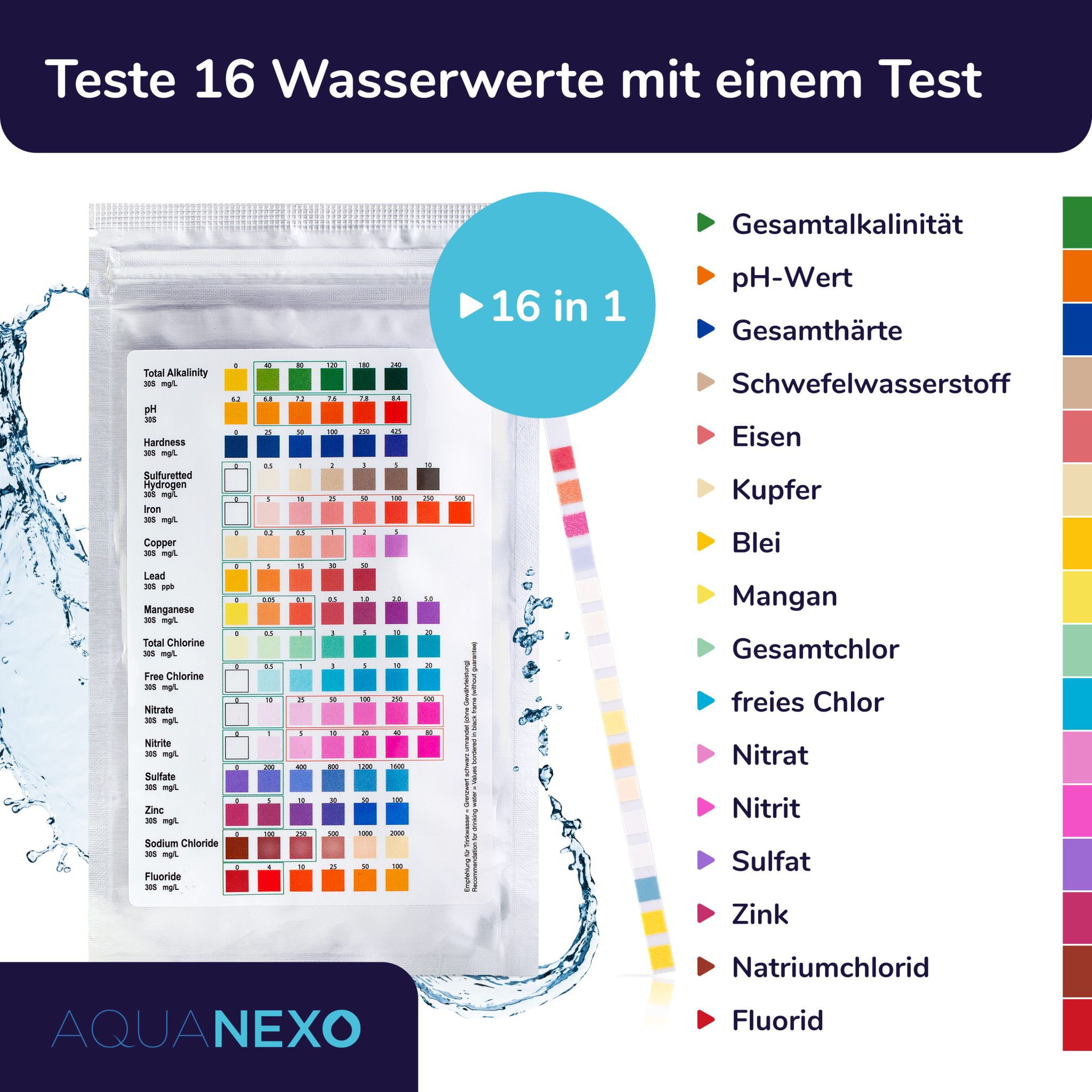 50 Wassertester Trinkwasser Teststreifen 16-in-1 Trinkwassertest pH Wasserhärte
