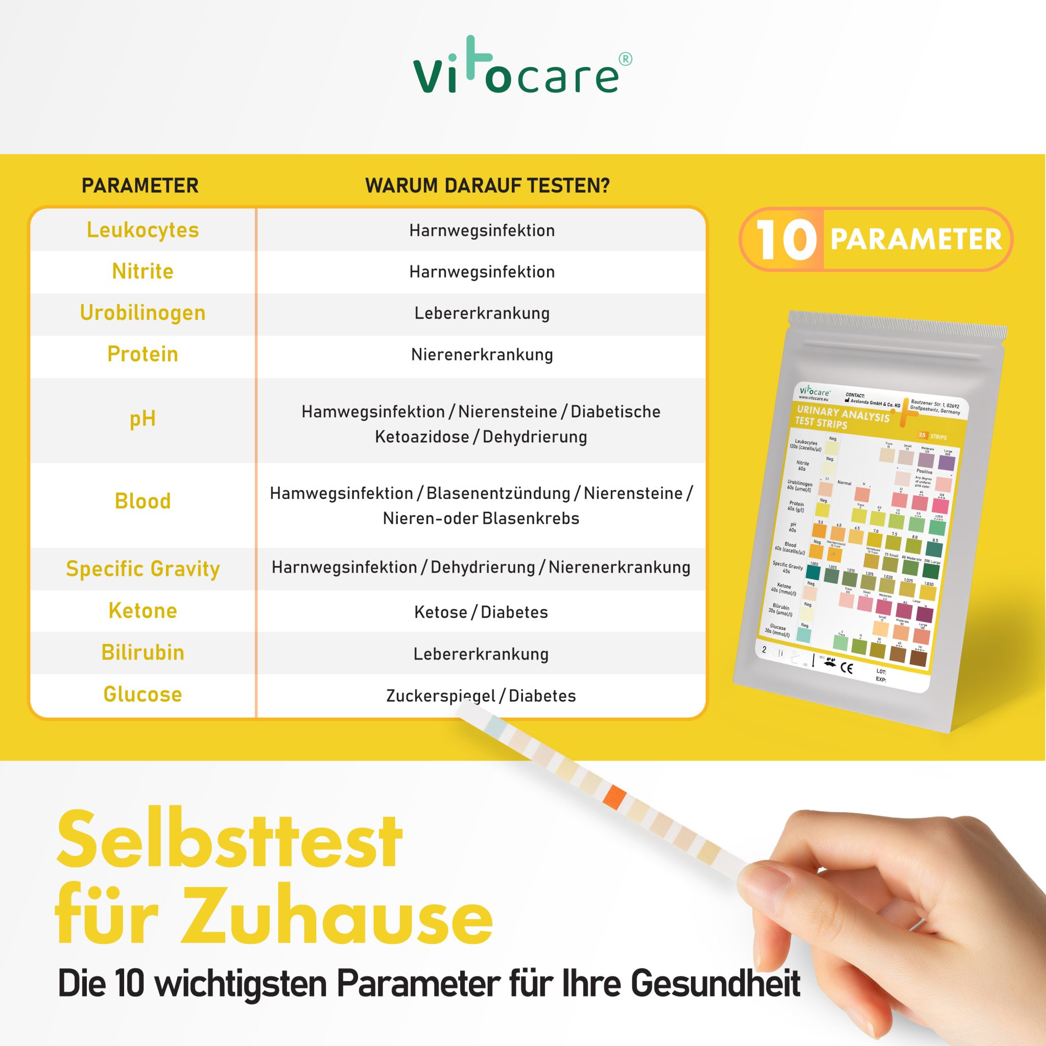 Vitocare Urin Teststreifen mit 10 Parametern 25 Stück
