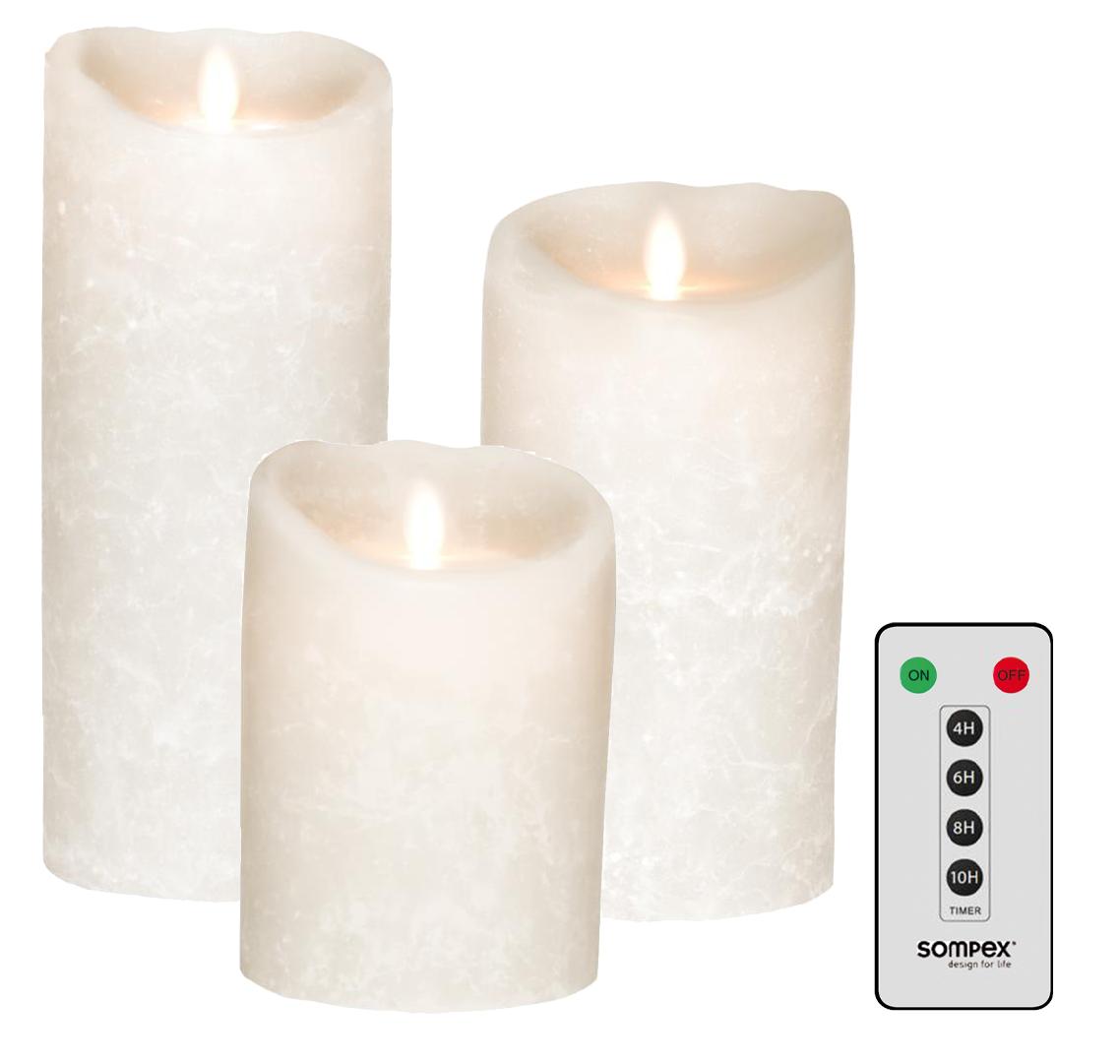 3er Set Sompex Flame LED Echtwachskerzen weiß Frost 12,5/18/23cm mit Fernbedienung