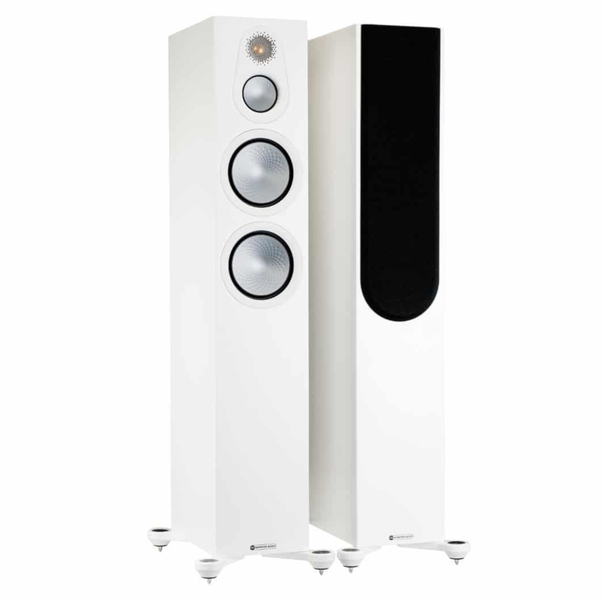 Monitor Audio 2x Standlautsprecher + Roksan Verstärker Weiß Seidenmatt/Silber