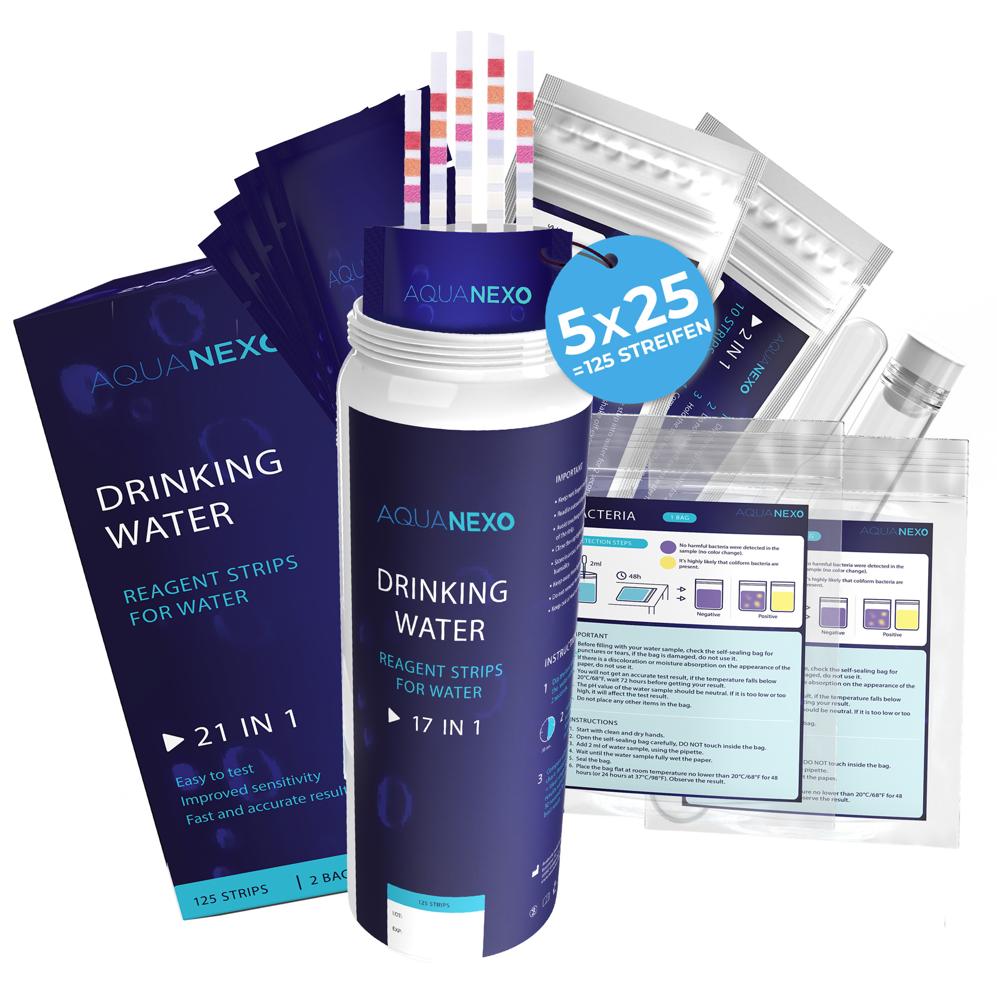 125 Wassertester Trinkwasser Teststreifen 17-in-1 + 2 Bakterientests + 10 Trinkwasser Teststreifen Nitrat/Nitrit + 10 Trinkwasserteststreifen Sulfate