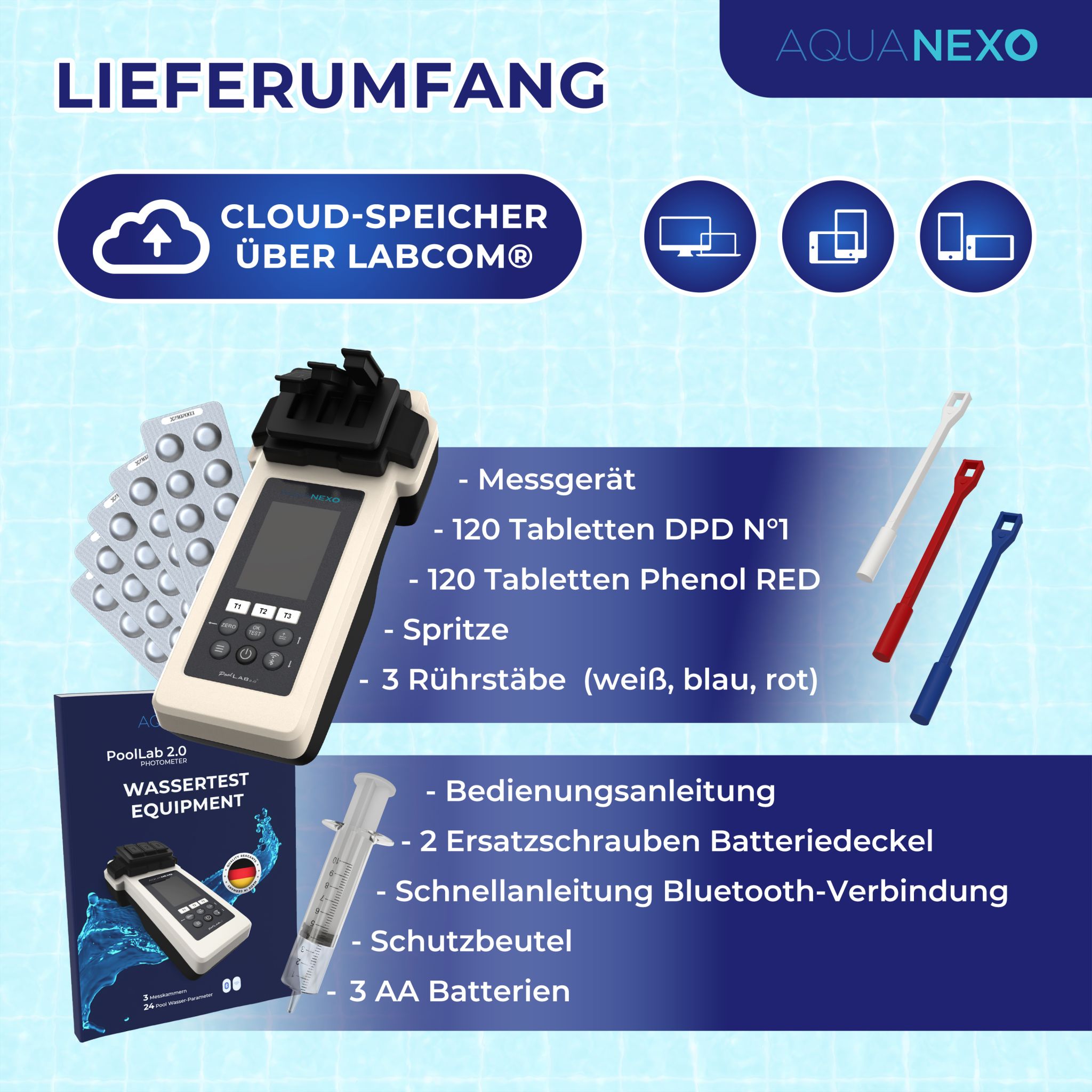 Aquanexo Elektronischer Wassertester PoolLAB 2.0 Photometer Set inkl. 2x120 Tabletten Chlor + Phenol Red