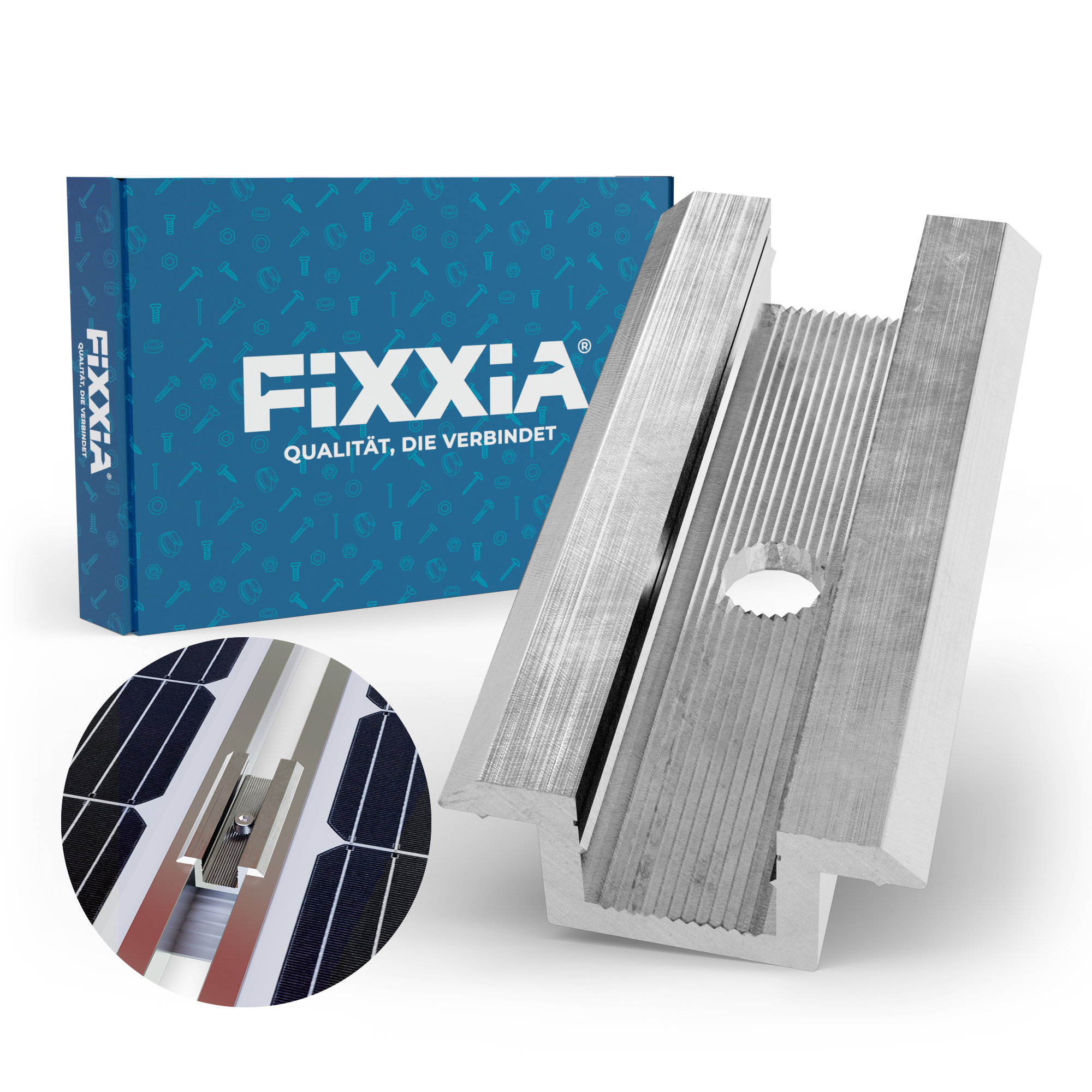 FIXXIA Photovoltaik Mittelklemme - Universelle Modulklemmen für Rahmenhöhen von 30mm bis 50mm - Solarpanel Halterung FIXXIA Photovoltaik Mittelklemme - Universelle Modulklemmen für Rahmenhöhen von 30mm bis 50mm - Solarpanel Halterung 100er-Pack