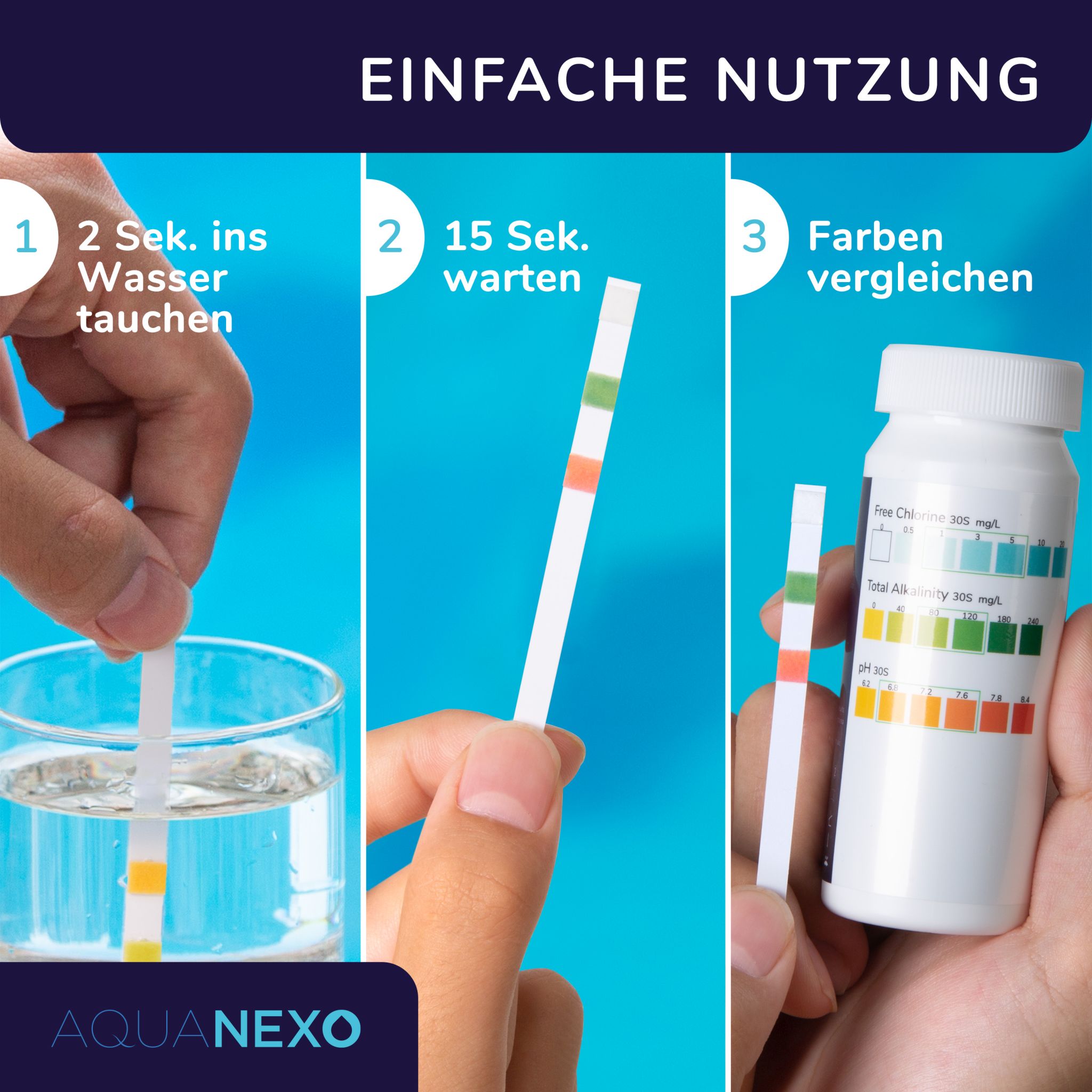 Aquanexo Pool Teststreifen 3in1 pH und Chlor Wassertester 100 st.