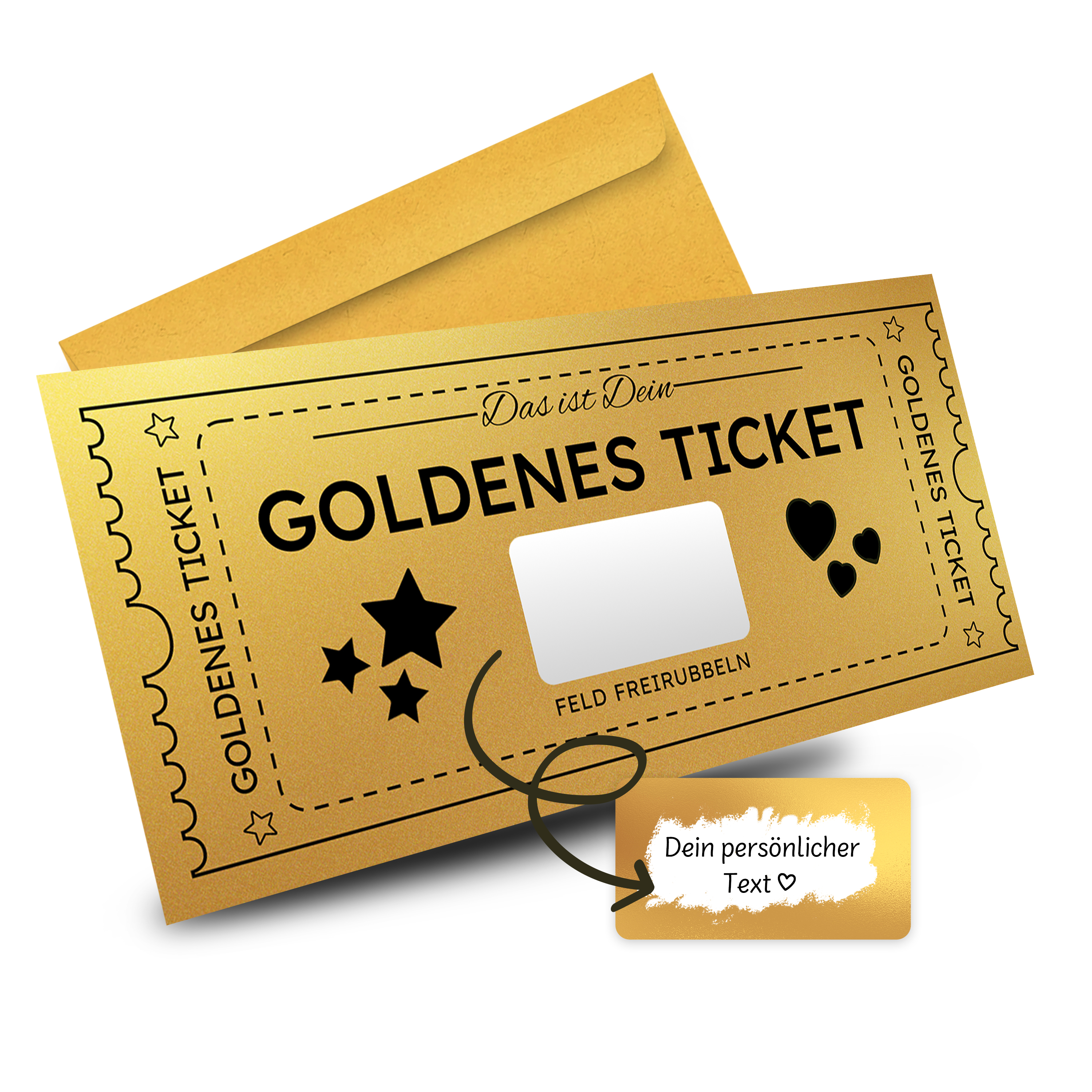 Goldenes Ticket mit Rubbelfeld für persönliche Botschaft (Gutschein) inkl. Umschlag
