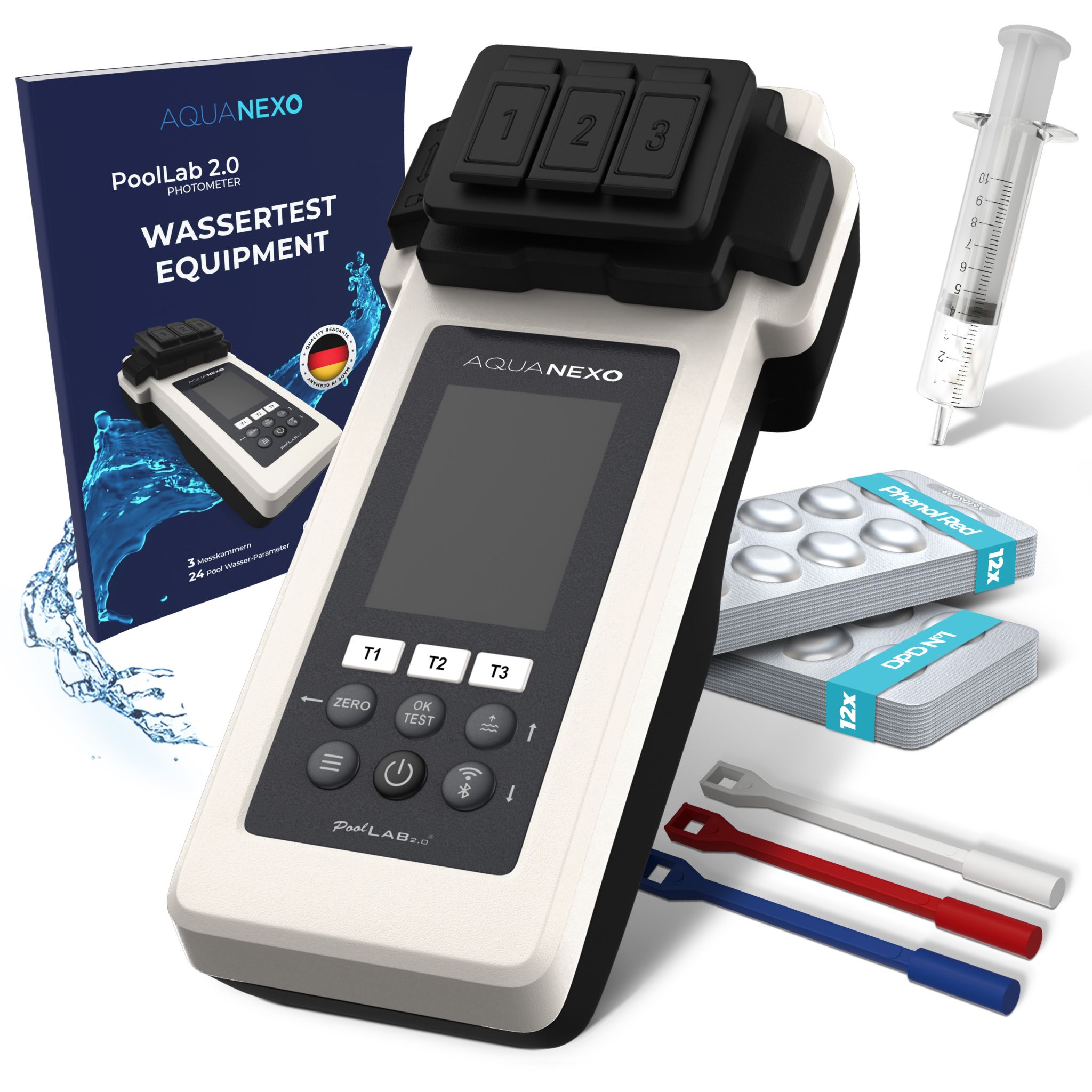Aquanexo Elektronischer Wassertester PoolLAB 2.0 Photometer Set inkl. 2x120 Tabletten Chlor + Phenol Red