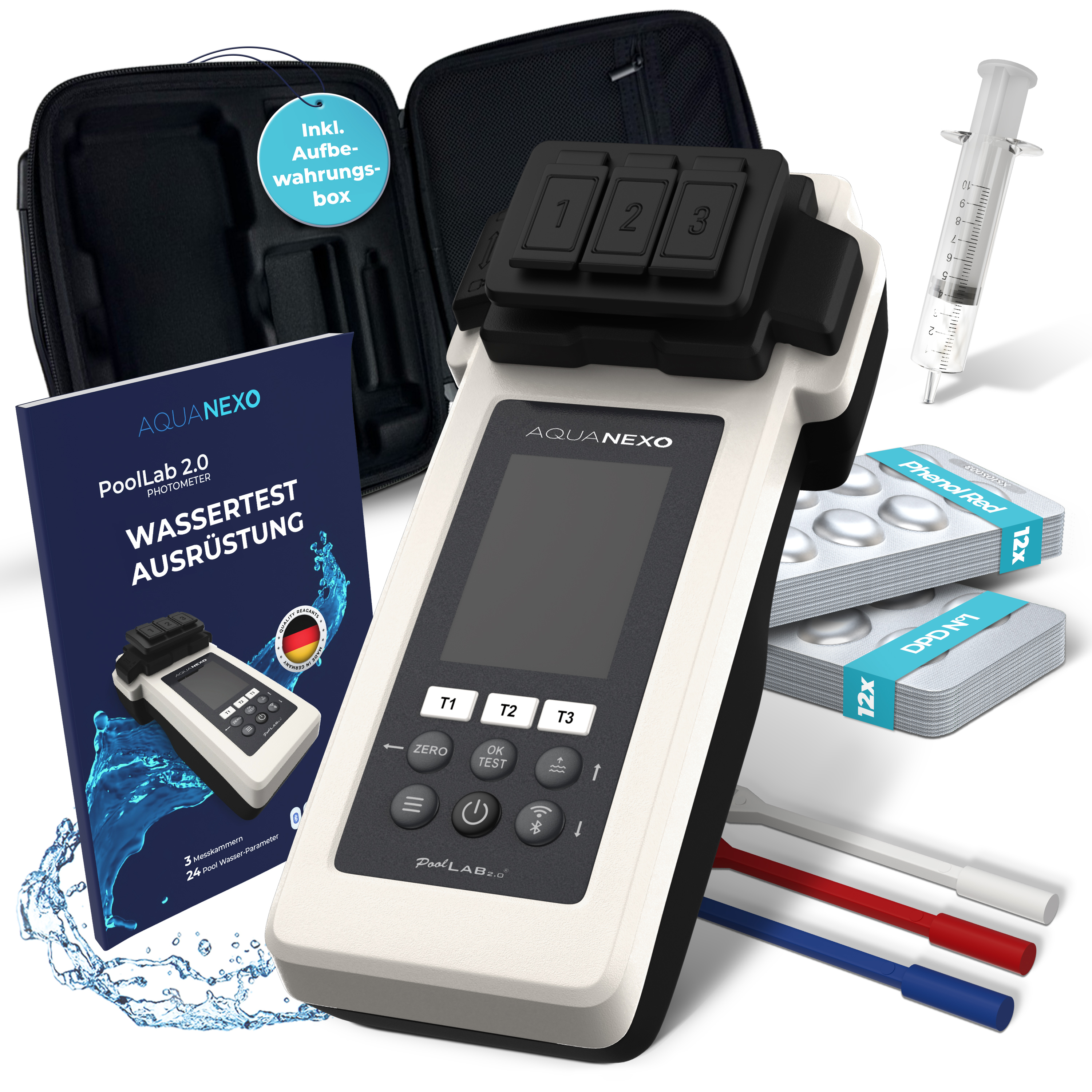 Aquanexo Elektronischer Wassertester PoolLAB 2.0 Photometer Set inkl. CASE und 2x120 Tabletten Chlor + Phenol Red