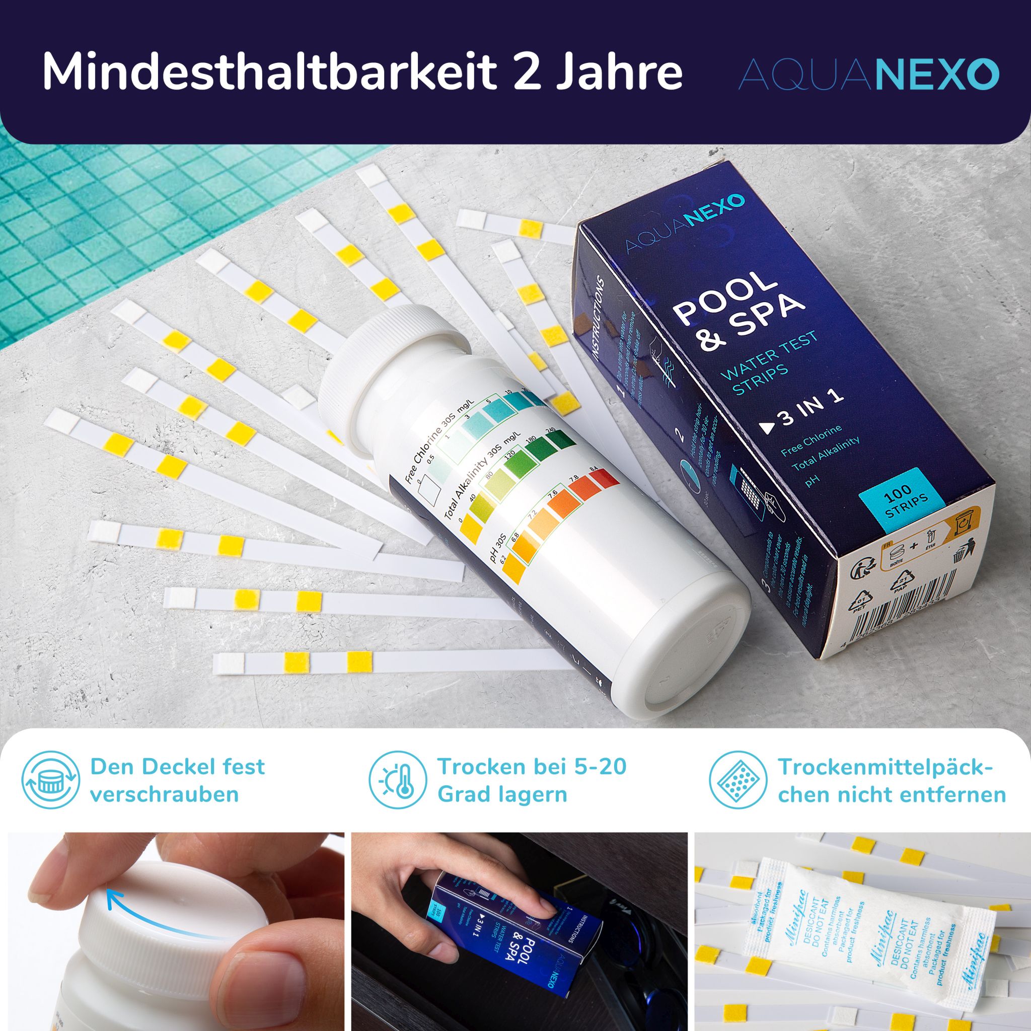 Aquanexo Pool Teststreifen 3in1 pH und Chlor Wassertester 100 st.