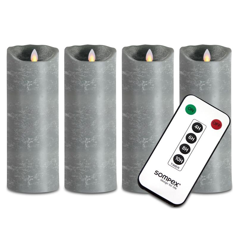 4er Set Sompex Flame LED Echtwachskerze grau 8x23cm mit Fernbedienung