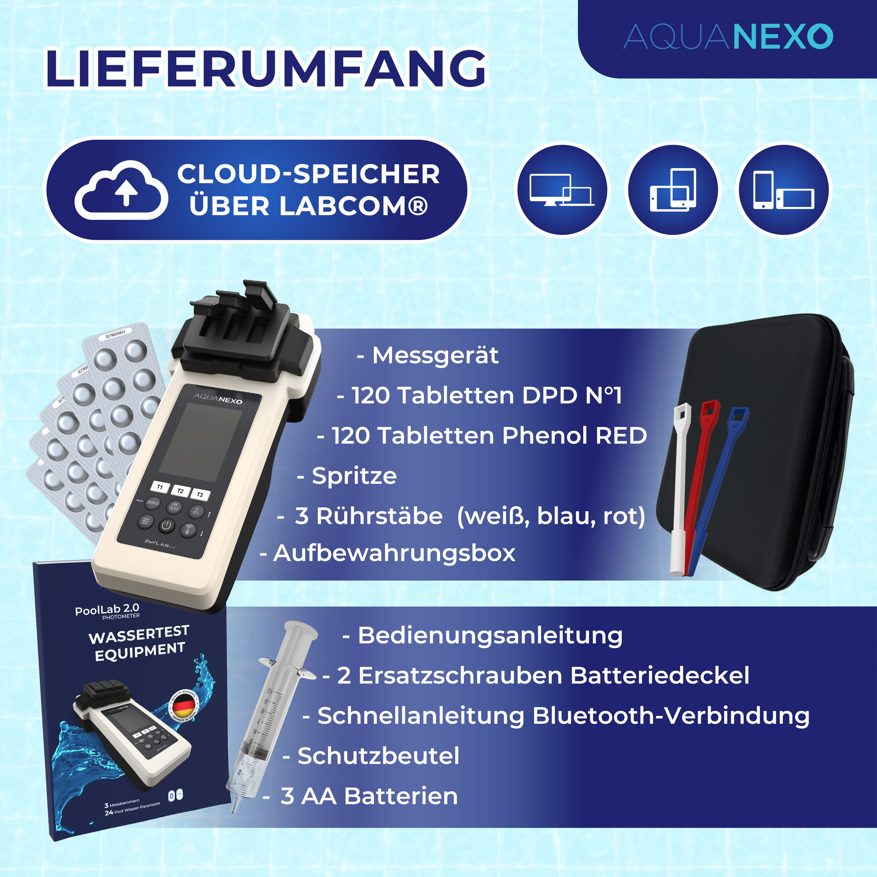 Aquanexo Elektronischer Wassertester PoolLAB 2.0 Photometer Set inkl. CASE und 2x120 Tabletten Chlor + Phenol Red