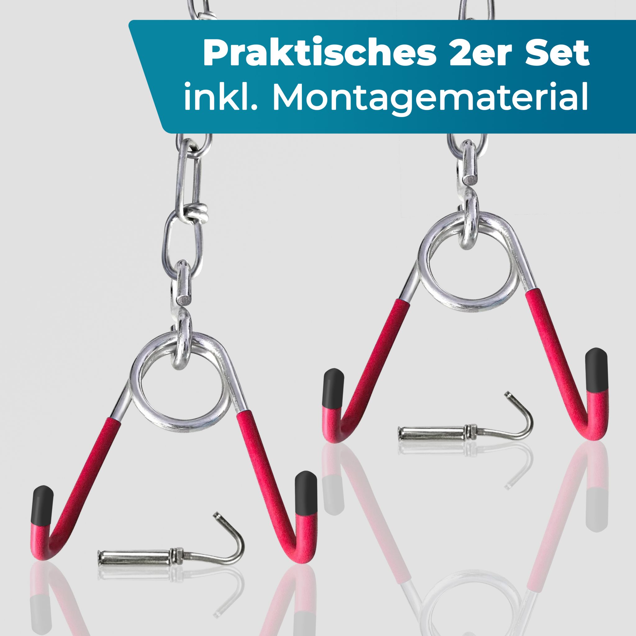 FIXXIA Fahrrad Deckenhalterung silber rot, Fahrradhalter, Deckenhaken, Haken zum Aufhängen an der Decke, platzsparende Fahrradaufhängung, Fahrradhaken an Kette, Montagehalterung (61cm) #1
