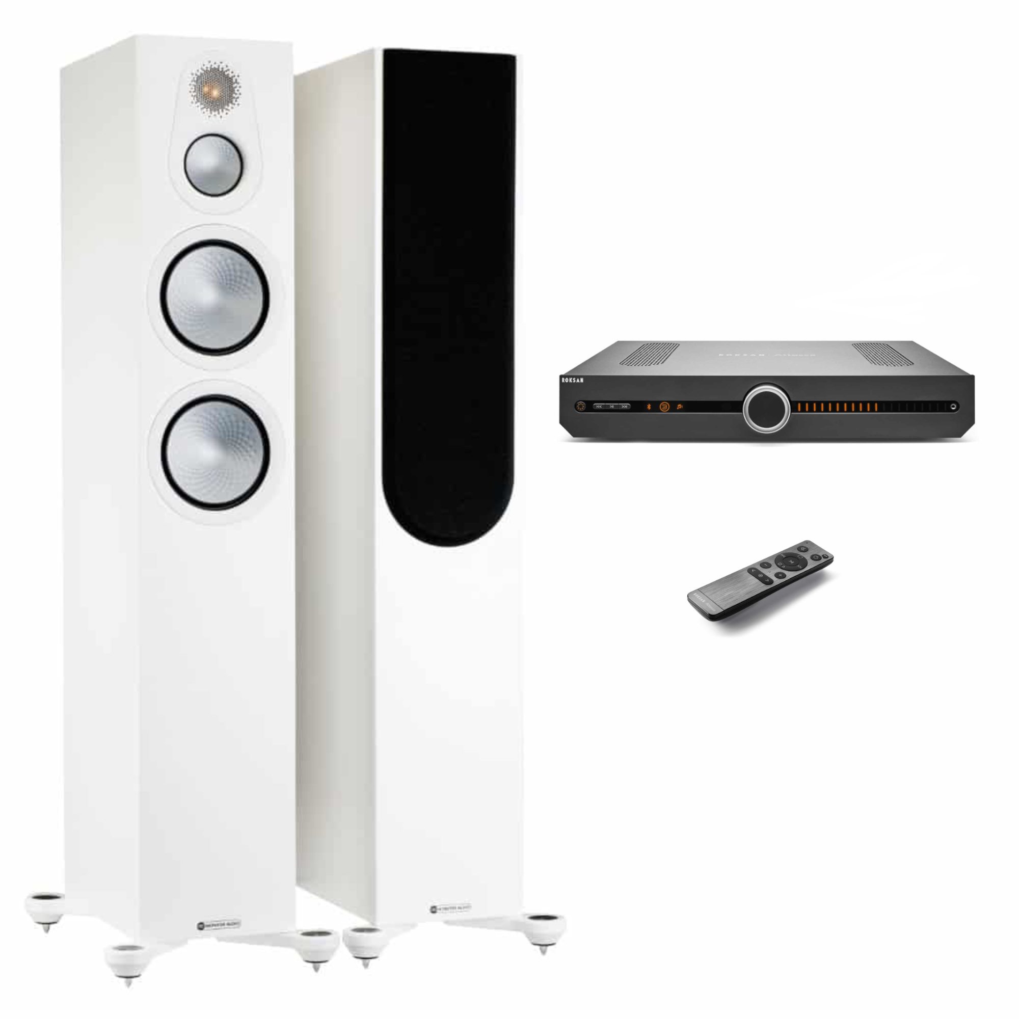 Monitor Audio 2x Standlautsprecher + Roksan Verstärker Weiß Seidenmatt/Schwarz