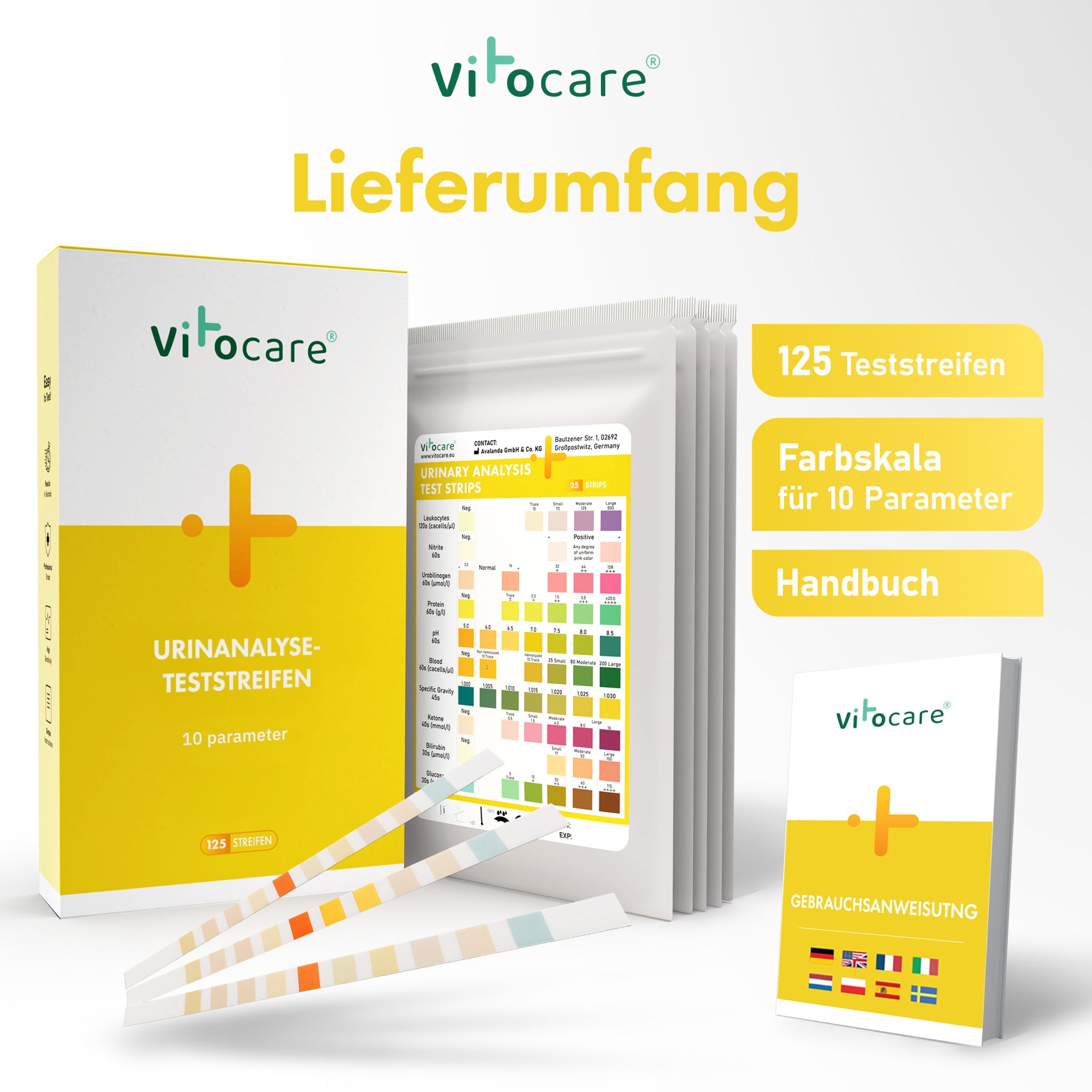 Vitocare Urin Teststreifen 125x mit 10 Parametern, Selbsttest bei Blasenentzündung, Urinteststreifen Harnwegsinfekt, unterstützt beim Abnehmen mit Low Carb, Ketogene Ernährung