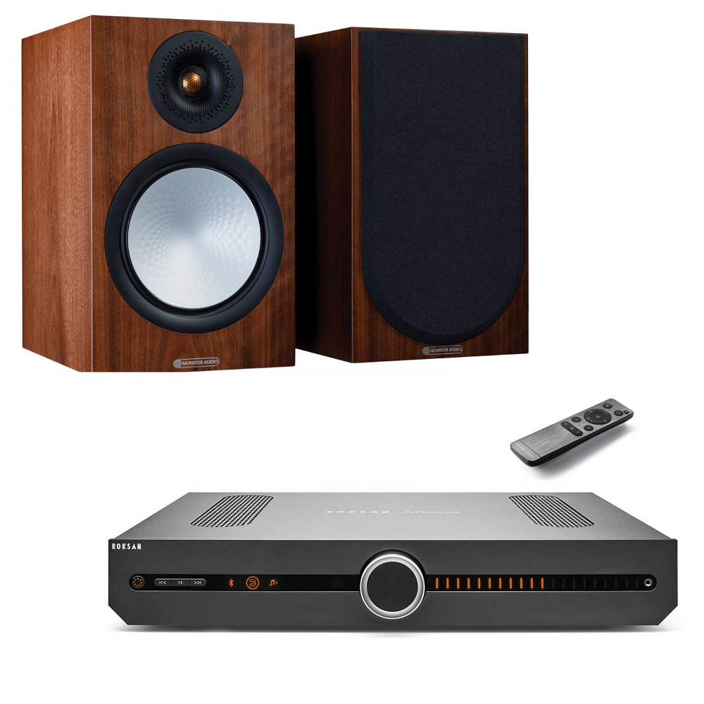 Monitor Audio 2x Kompaktlautsprecher + Roksan Verstärker Walnuss Natur/Schwarz