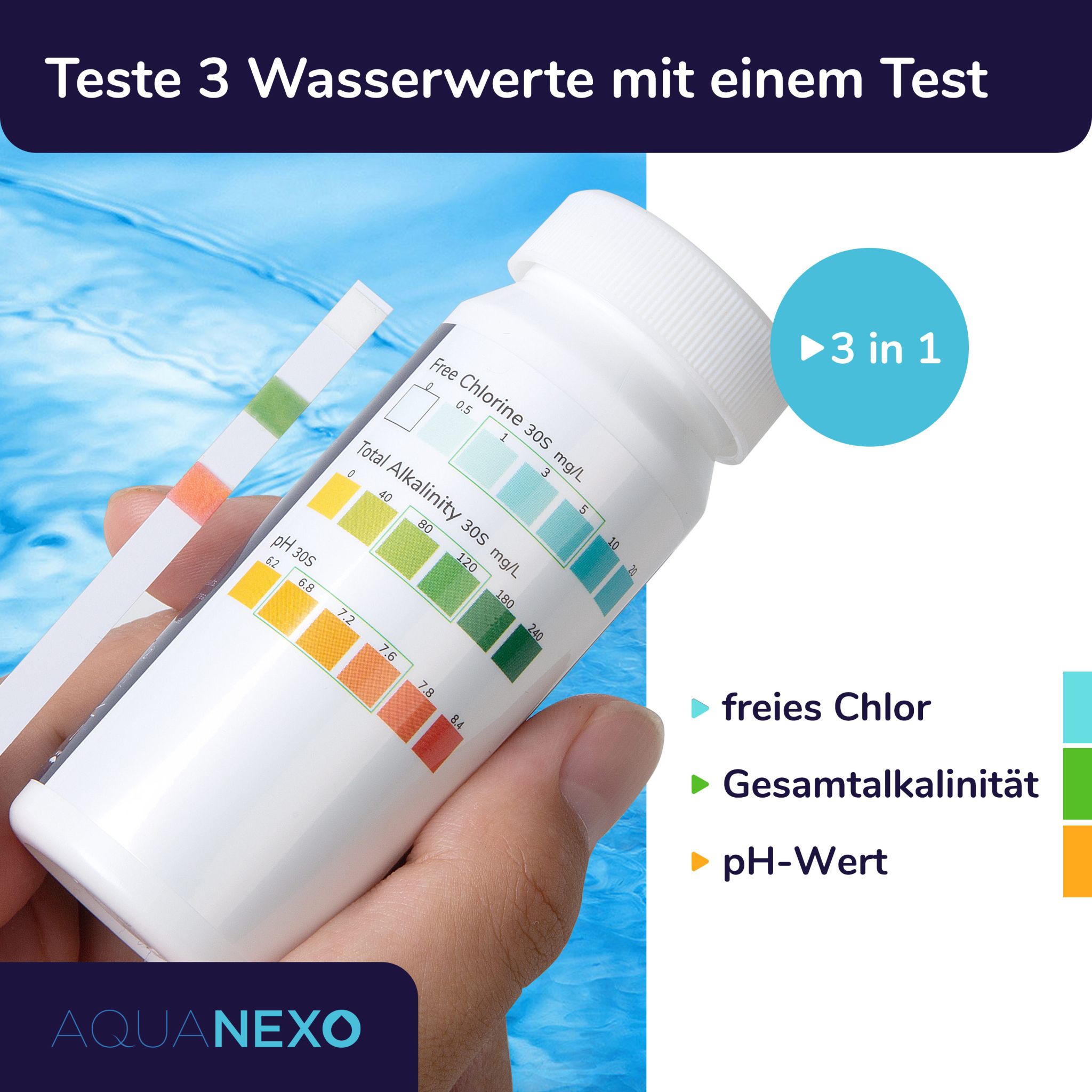 Aquanexo Pool Teststreifen 3in1 pH und Chlor Wassertester 100 st.