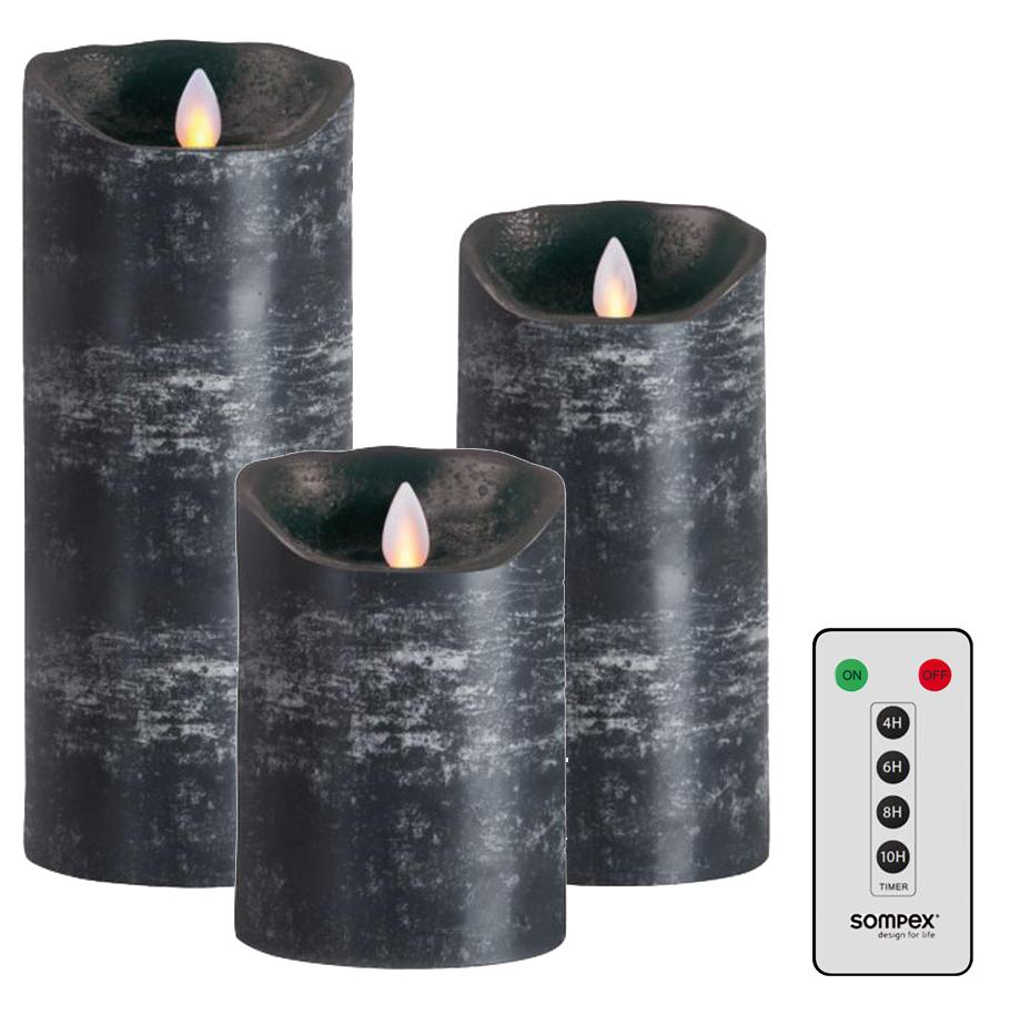 3er Set Sompex Flame LED Echtwachskerzen anthrazit 12,5/18/23cm mit Fernbedienung