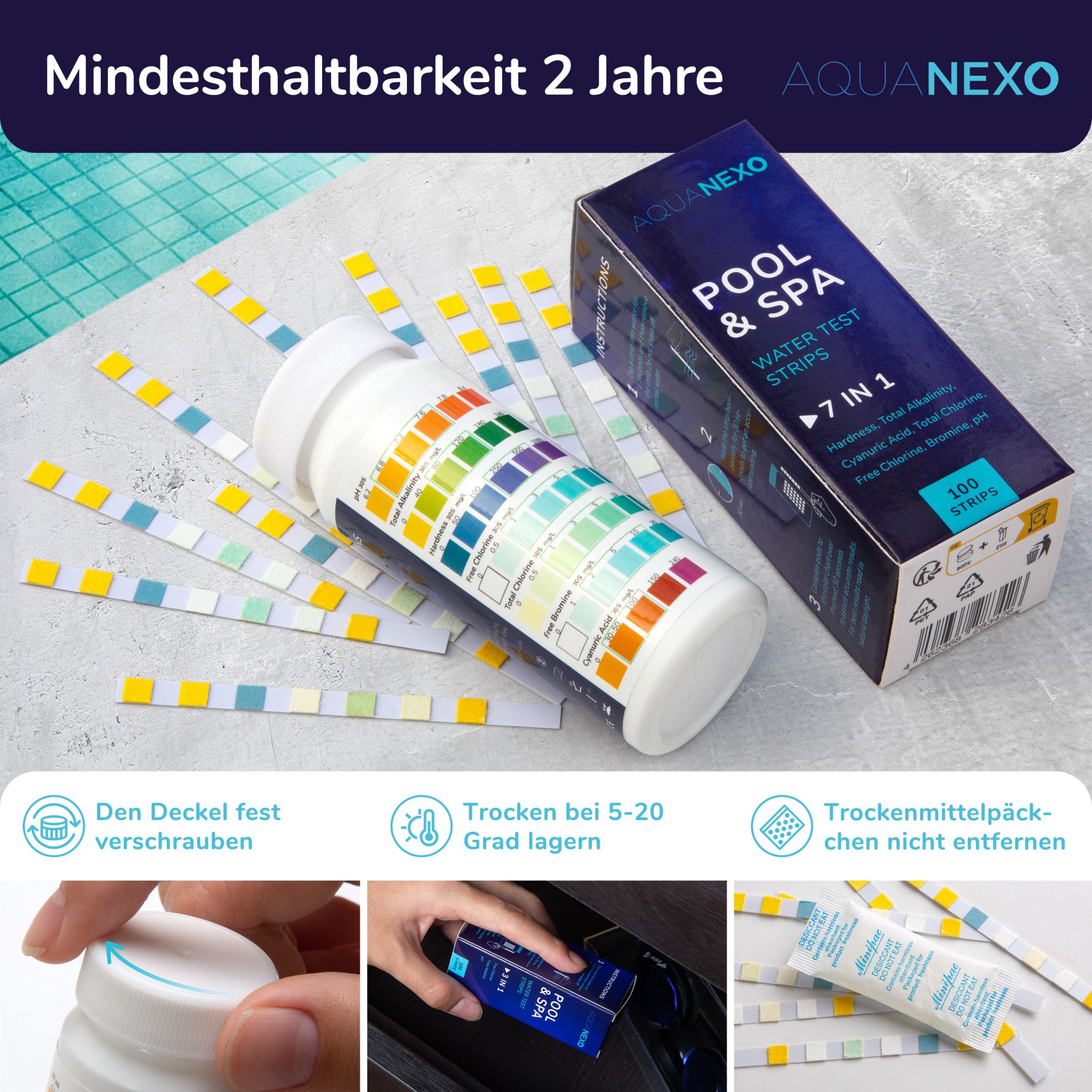 Aquanexo Teststreifen 7in1, pH und Chlor Wassertester 100 st.