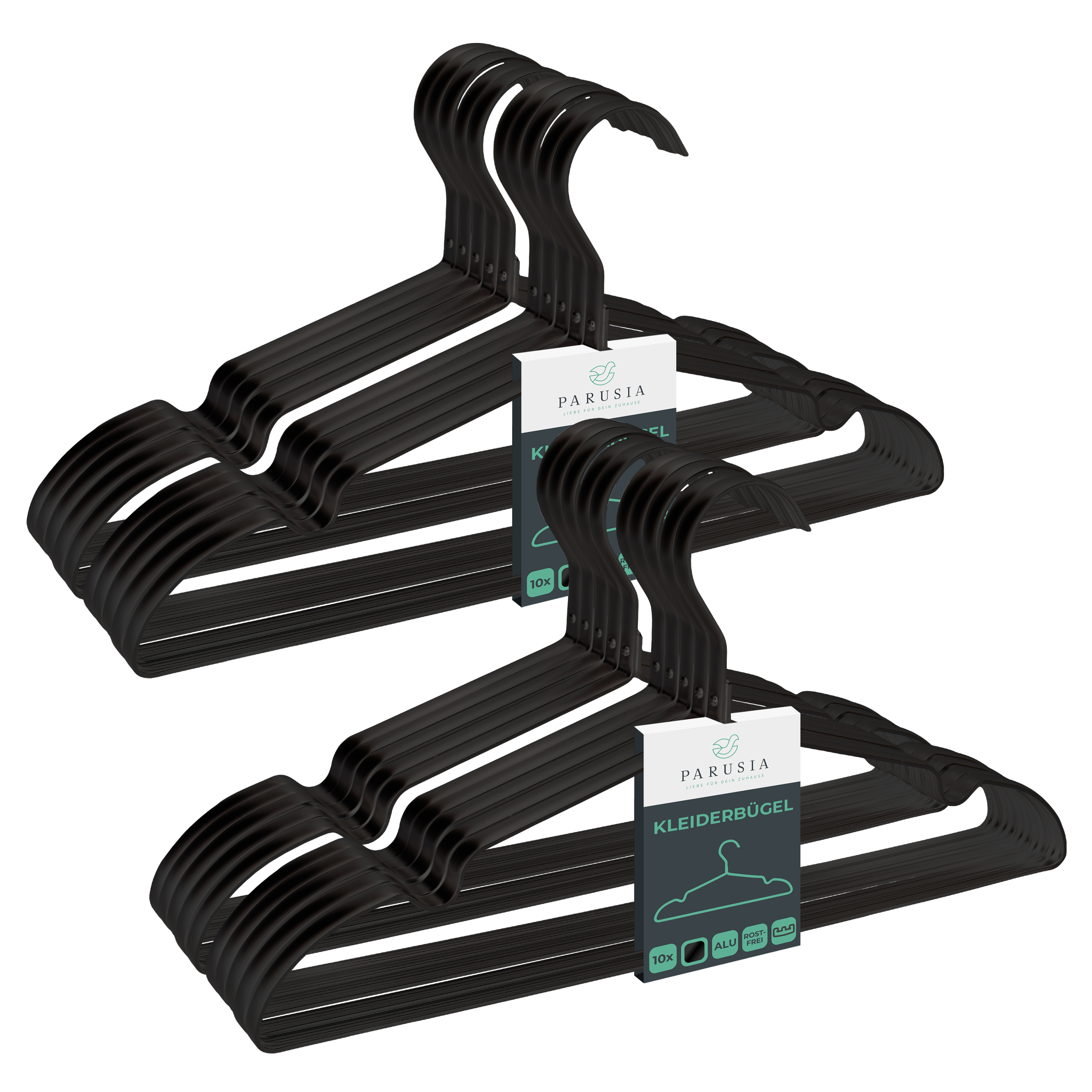 20x Parusia Kleiderbügel schwarz 42cm breit, Steg 1cm, Metall rostfrei, formstabil