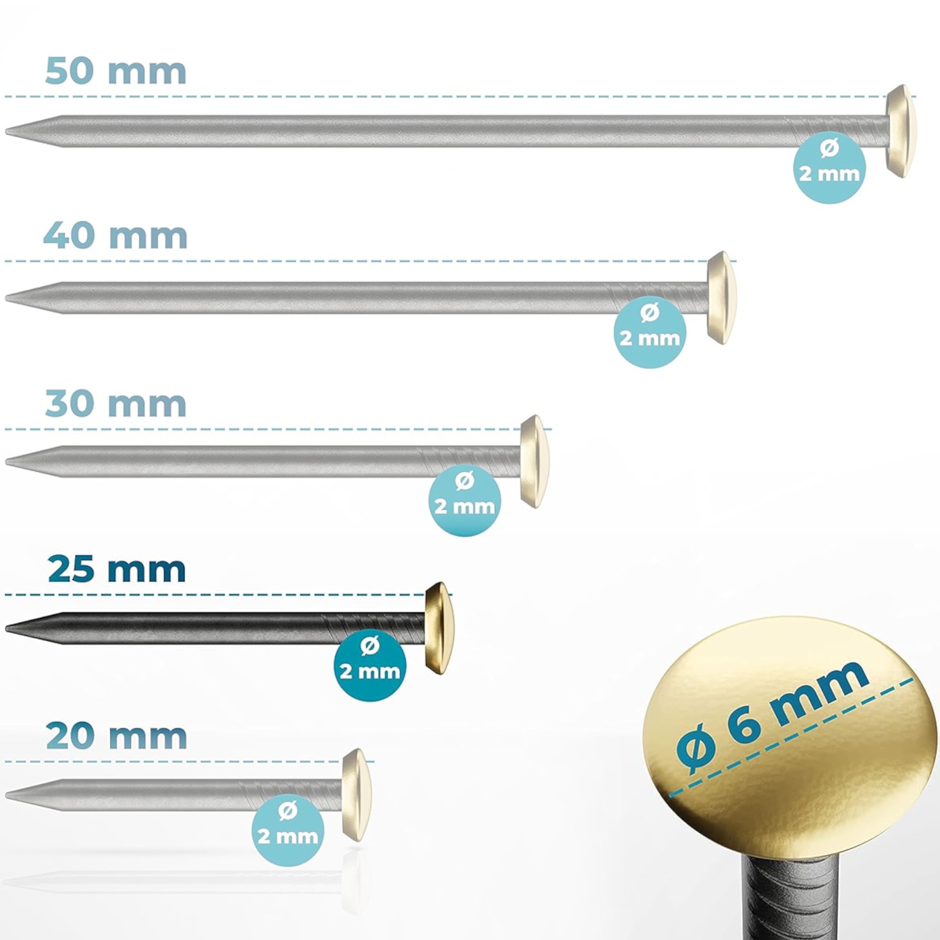 Stahlnägel - schwarz gold-/silberfarben, 30 Stück Sortenrein, Bildernägel Gold mit Halter 2,00 x 25mm