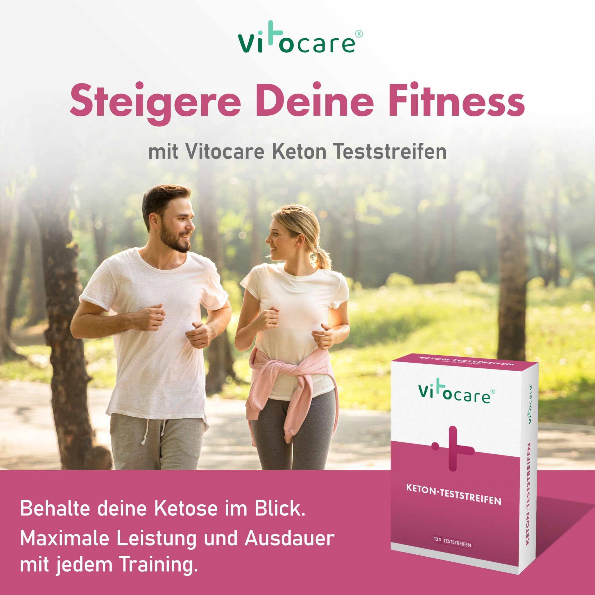 Vitocare Ketose Teststreifen 125x mit Handbuch, Urin Teststreifen unterstützen beim Abnehmen mit Low Carb Diät, Ketogene Ernährung, Ketoneteststreifen