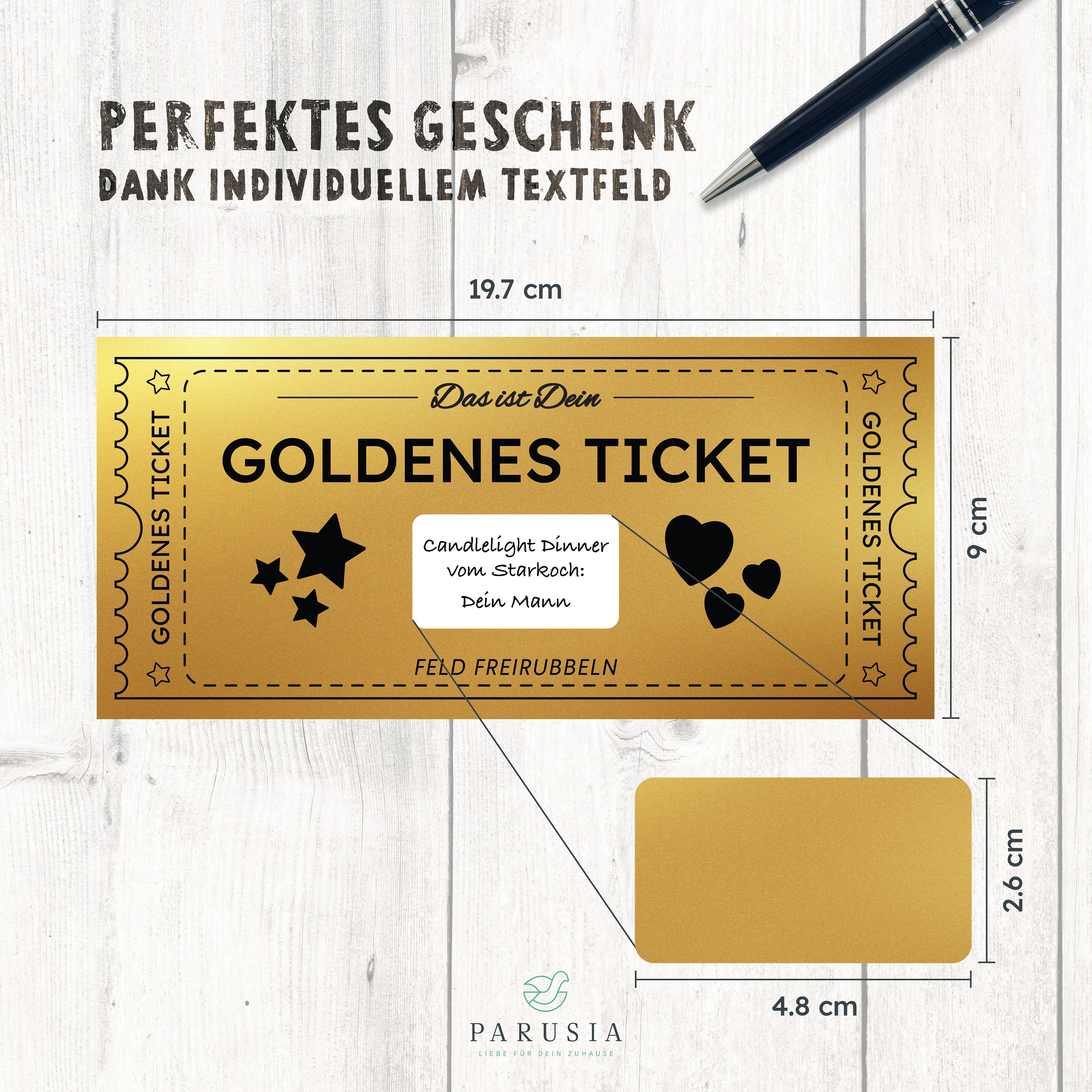 Goldenes Ticket mit Rubbelfeld für persönliche Botschaft (Gutschein) inkl. Umschlag