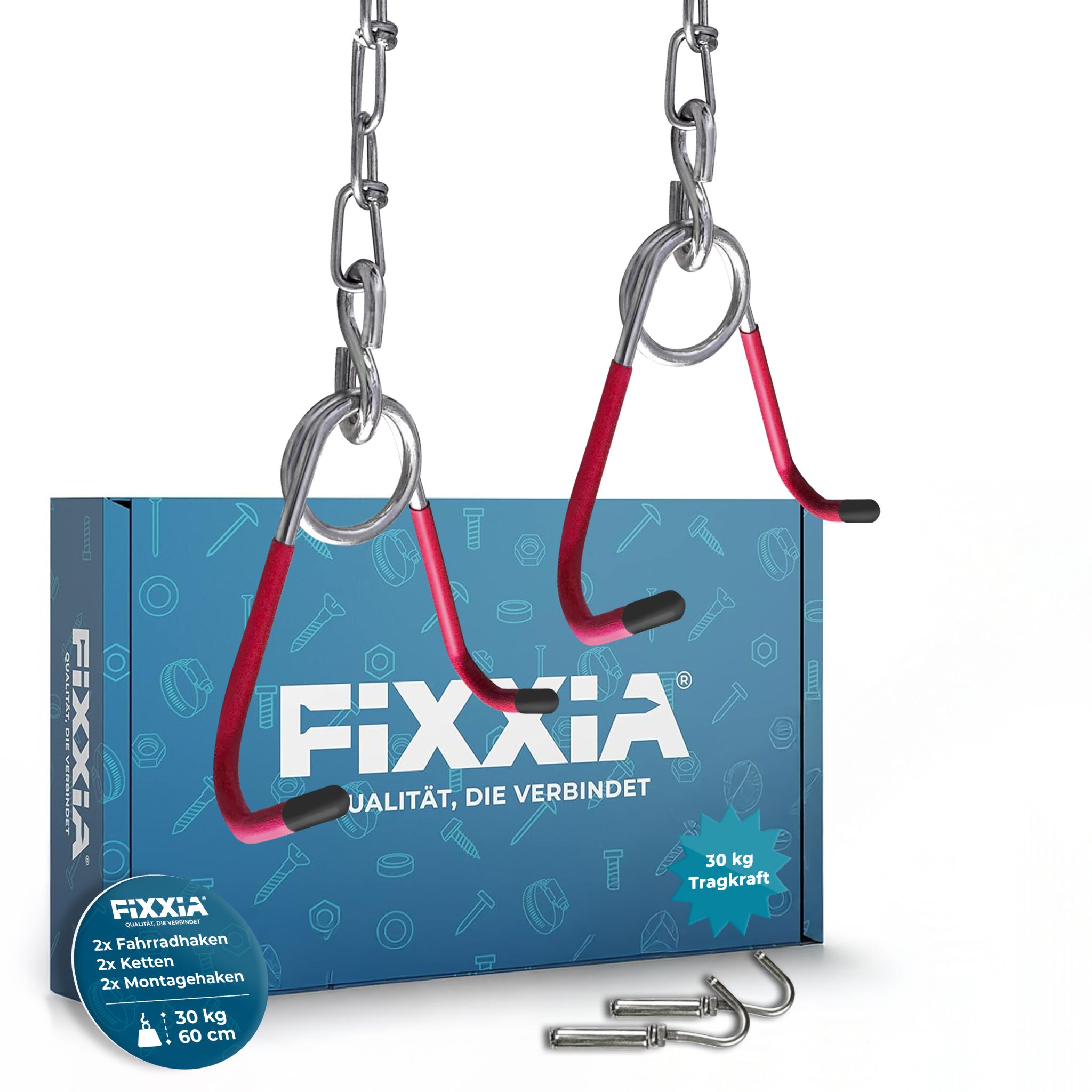 FIXXIA Fahrrad Deckenhalterung silber rot, Fahrradhalter, Deckenhaken, Haken zum Aufhängen an der Decke, platzsparende Fahrradaufhängung, Fahrradhaken an Kette, Montagehalterung (61cm) #1