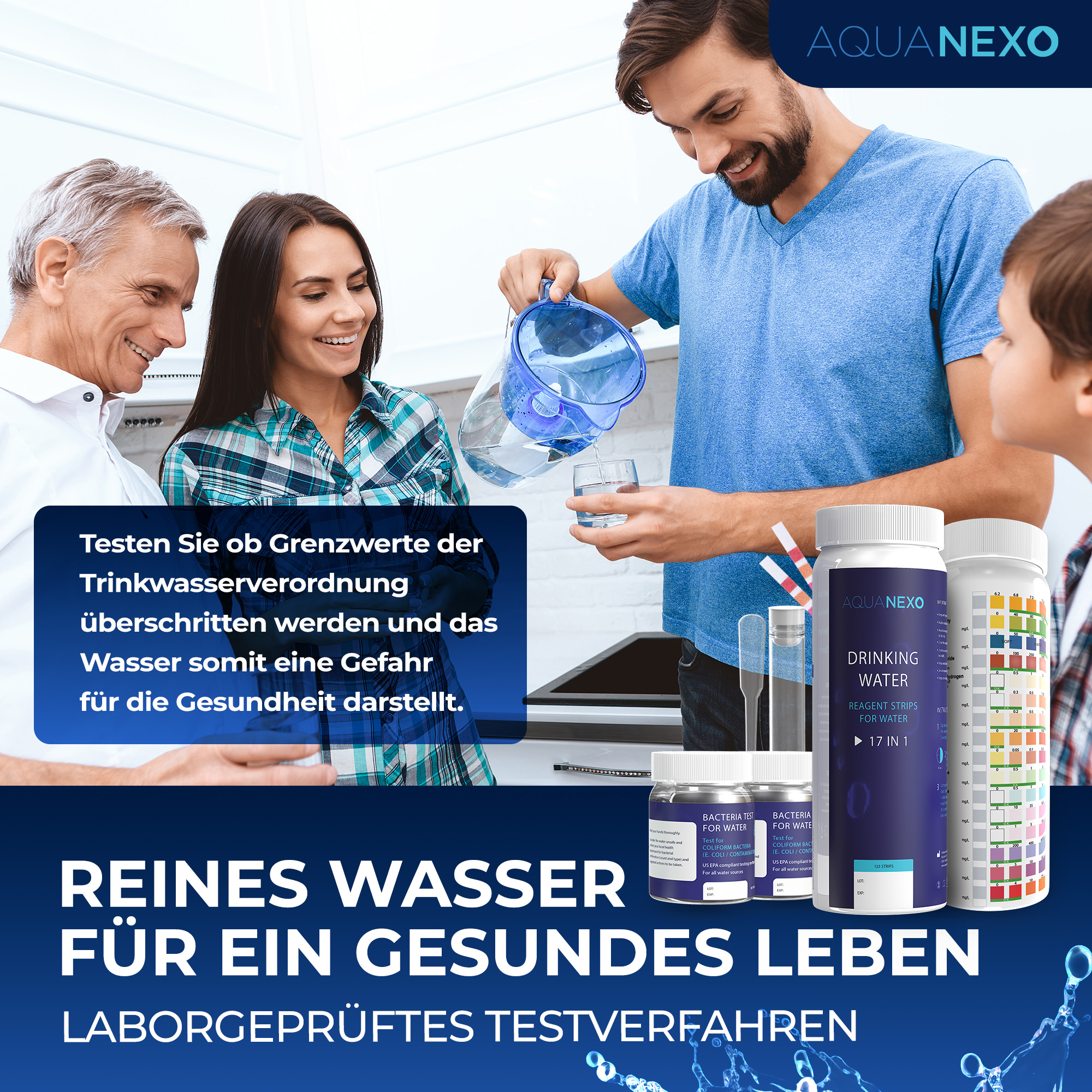 125 Wassertester Trinkwasser Teststreifen 16-in-1 + 2 Bakterientests + Pipette + Reagenzglas