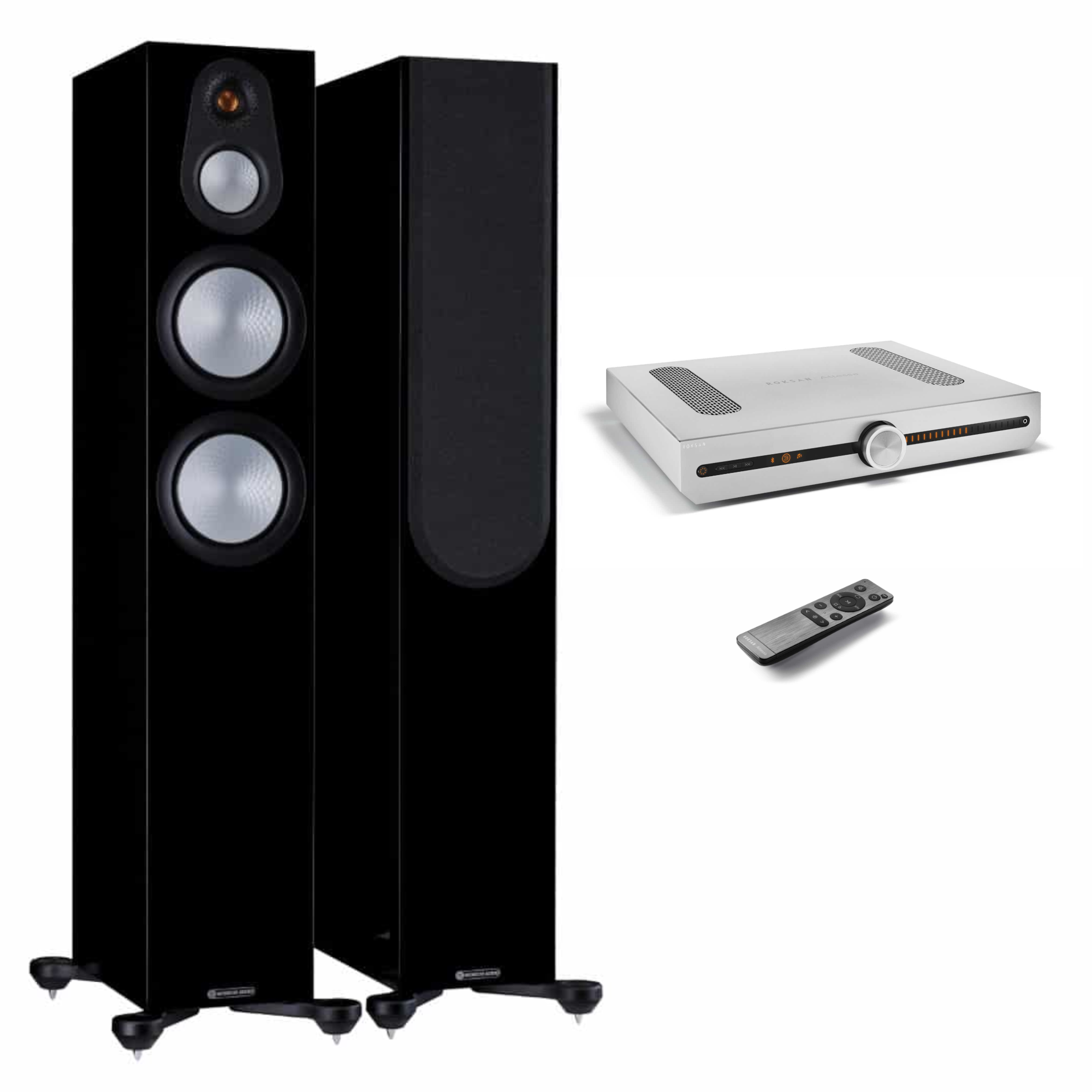 Monitor Audio 2x Standlautsprecher + Roksan Verstärker Schwarz Hochglanz/Silber