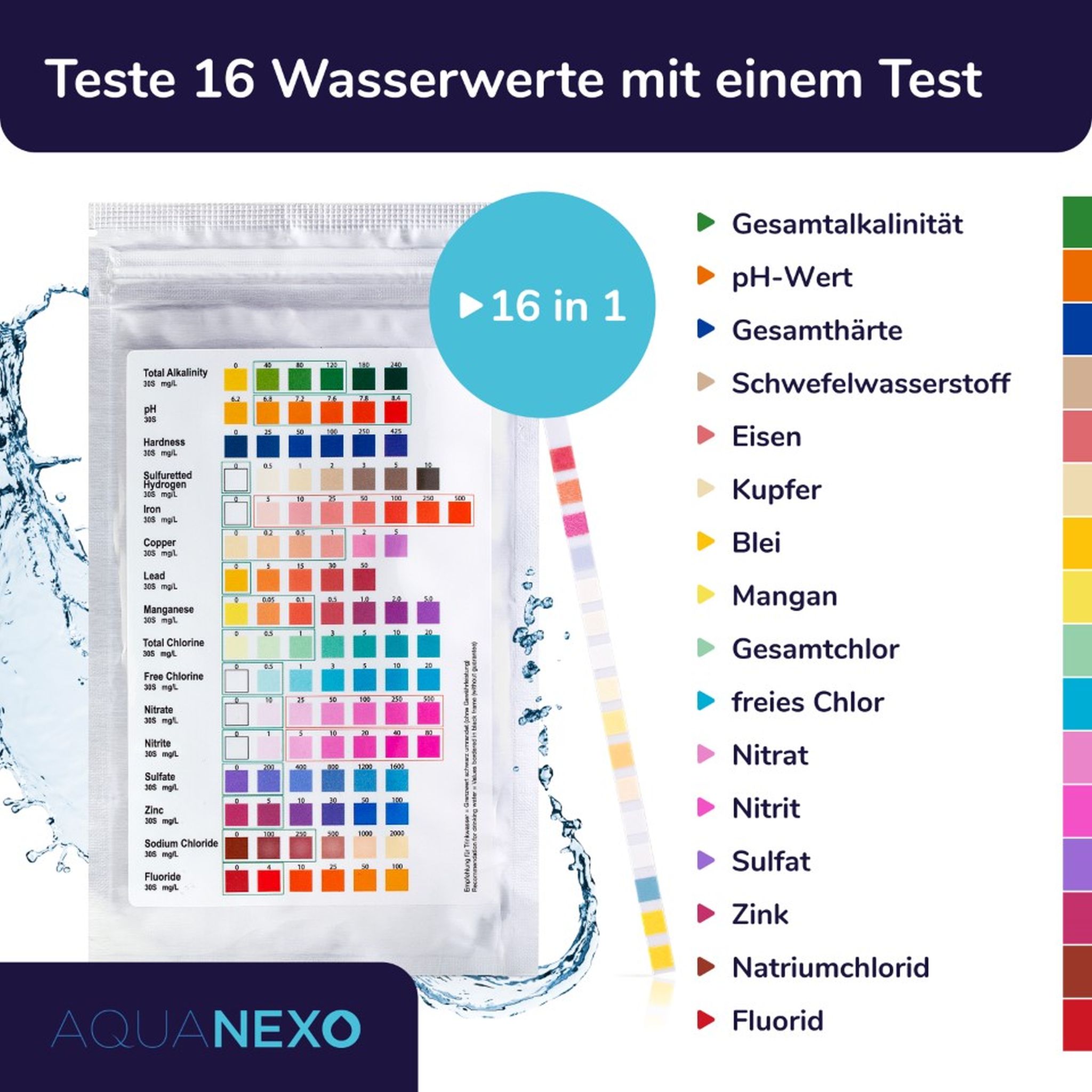 Wassertester Trinkwasser Teststreifen 16-in-1 Trinkwassertest pH Wasserhärte 25 st.