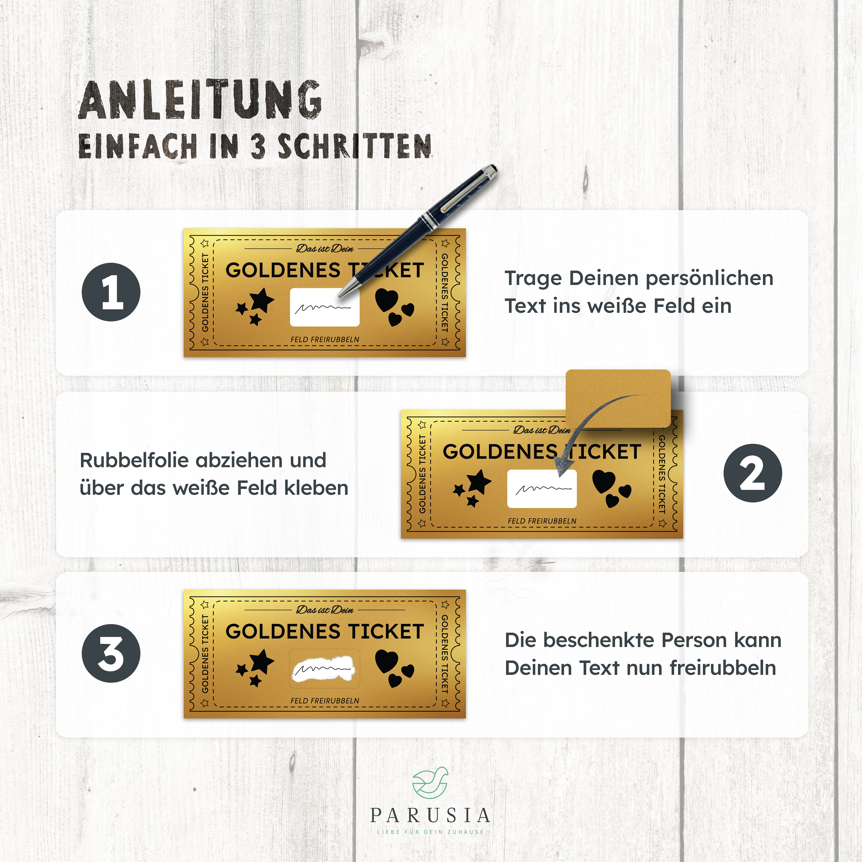 Goldenes Ticket mit Rubbelfeld für persönliche Botschaft (Gutschein) inkl. Umschlag