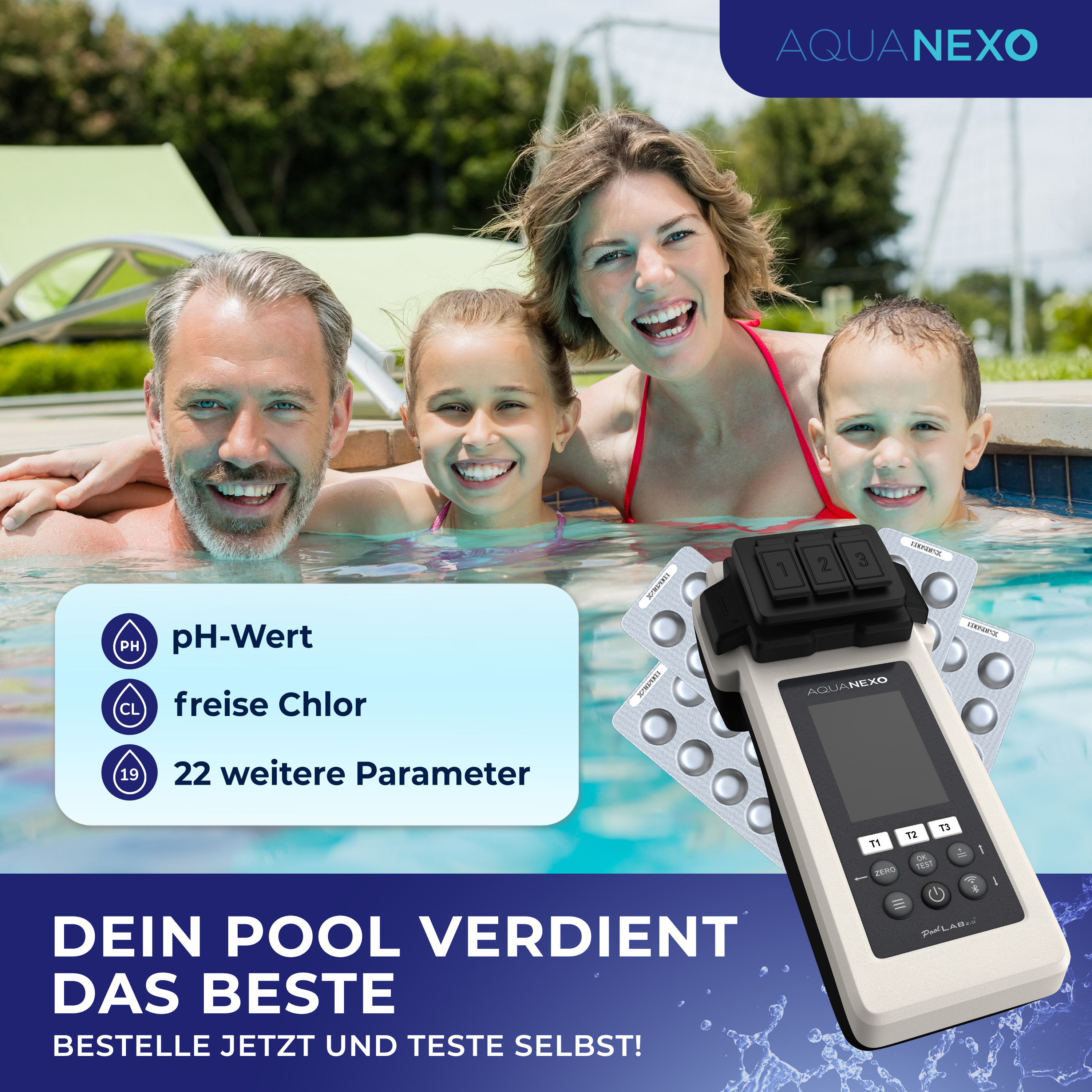 Aquanexo Elektronischer Wassertester PoolLAB 2.0 Photometer Set inkl. CASE und 2x120 Tabletten Chlor + Phenol Red