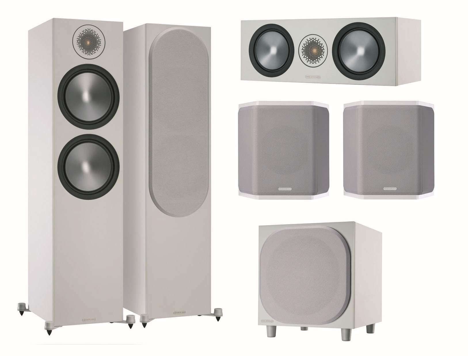 Monitor Audio Bronze 6G Cinema 500 Heimkino Lautsprecher-Set weiß matt (Frontseite grau)