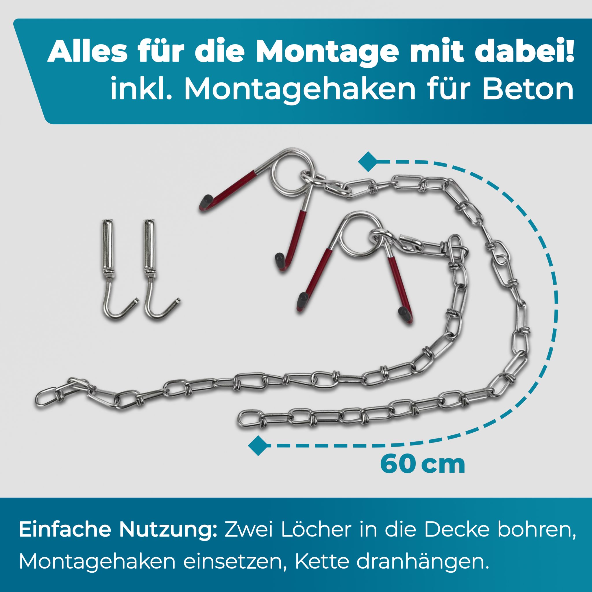 FIXXIA Fahrrad Deckenhalterung silber rot, Fahrradhalter, Deckenhaken, Haken zum Aufhängen an der Decke, platzsparende Fahrradaufhängung, Fahrradhaken an Kette, Montagehalterung (61cm) #1