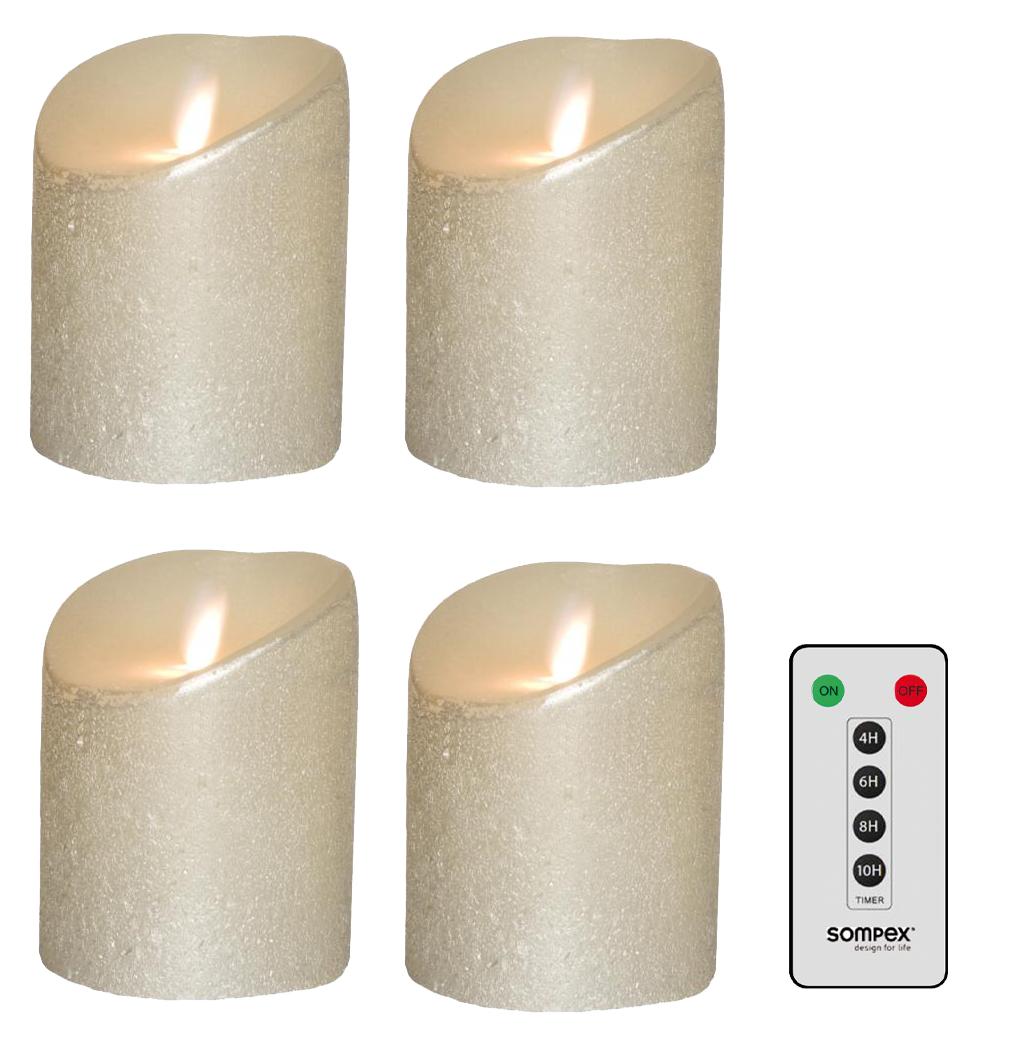 4er Set Sompex Flame LED Echtwachskerzen 10cm silber metallic mit Fernbedienung