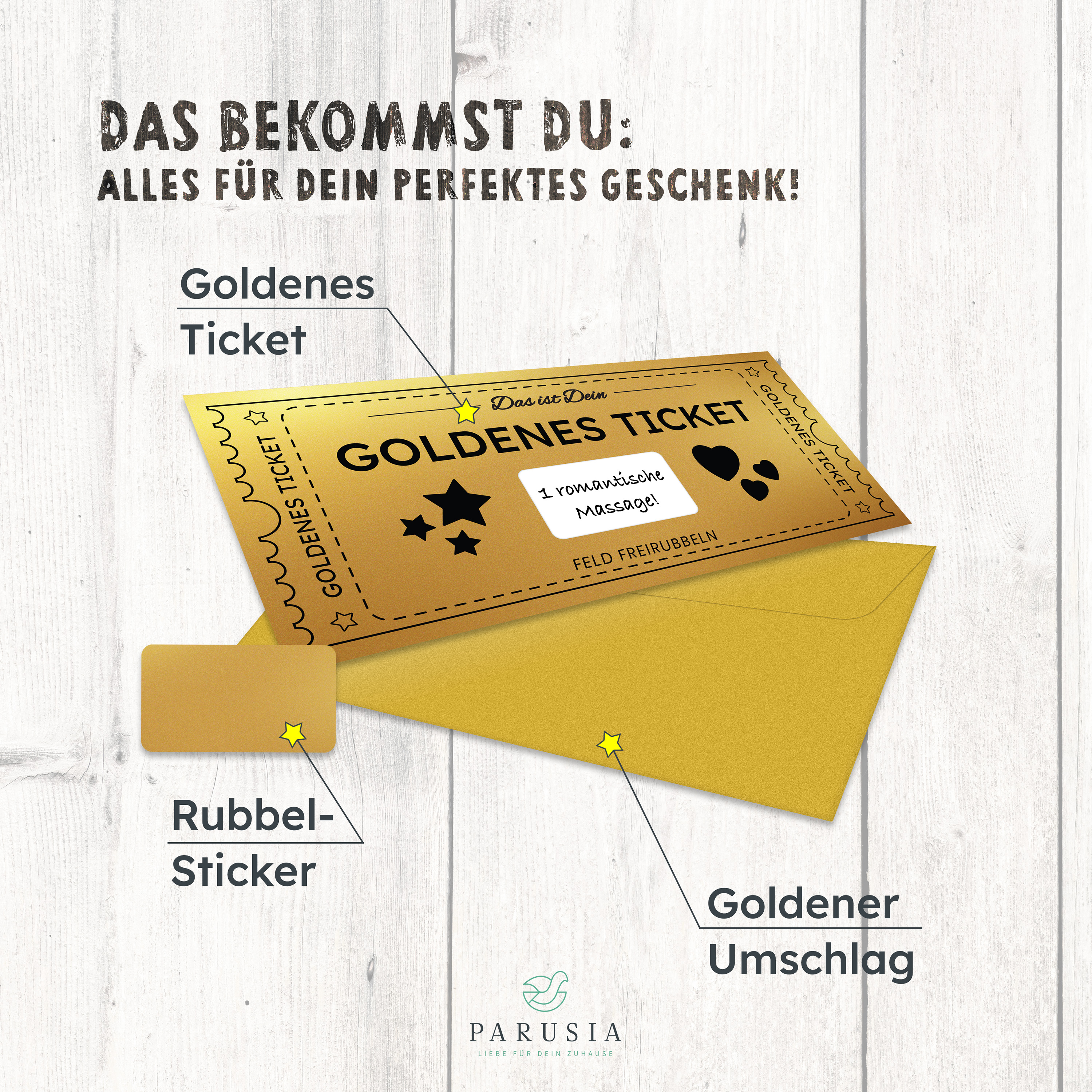 Goldenes Ticket mit Rubbelfeld für persönliche Botschaft (Gutschein) inkl. Umschlag