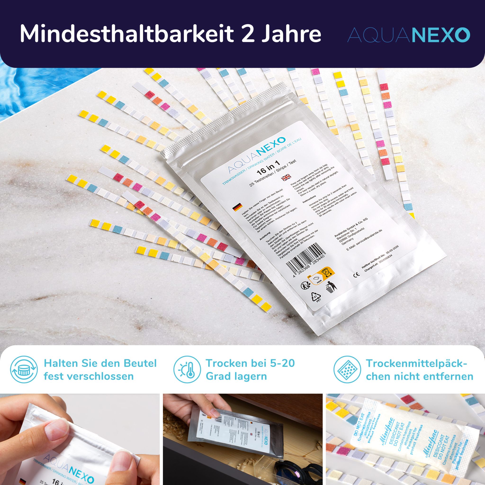 Wassertester Trinkwasser Teststreifen 16-in-1 Trinkwassertest pH Wasserhärte 25 st.