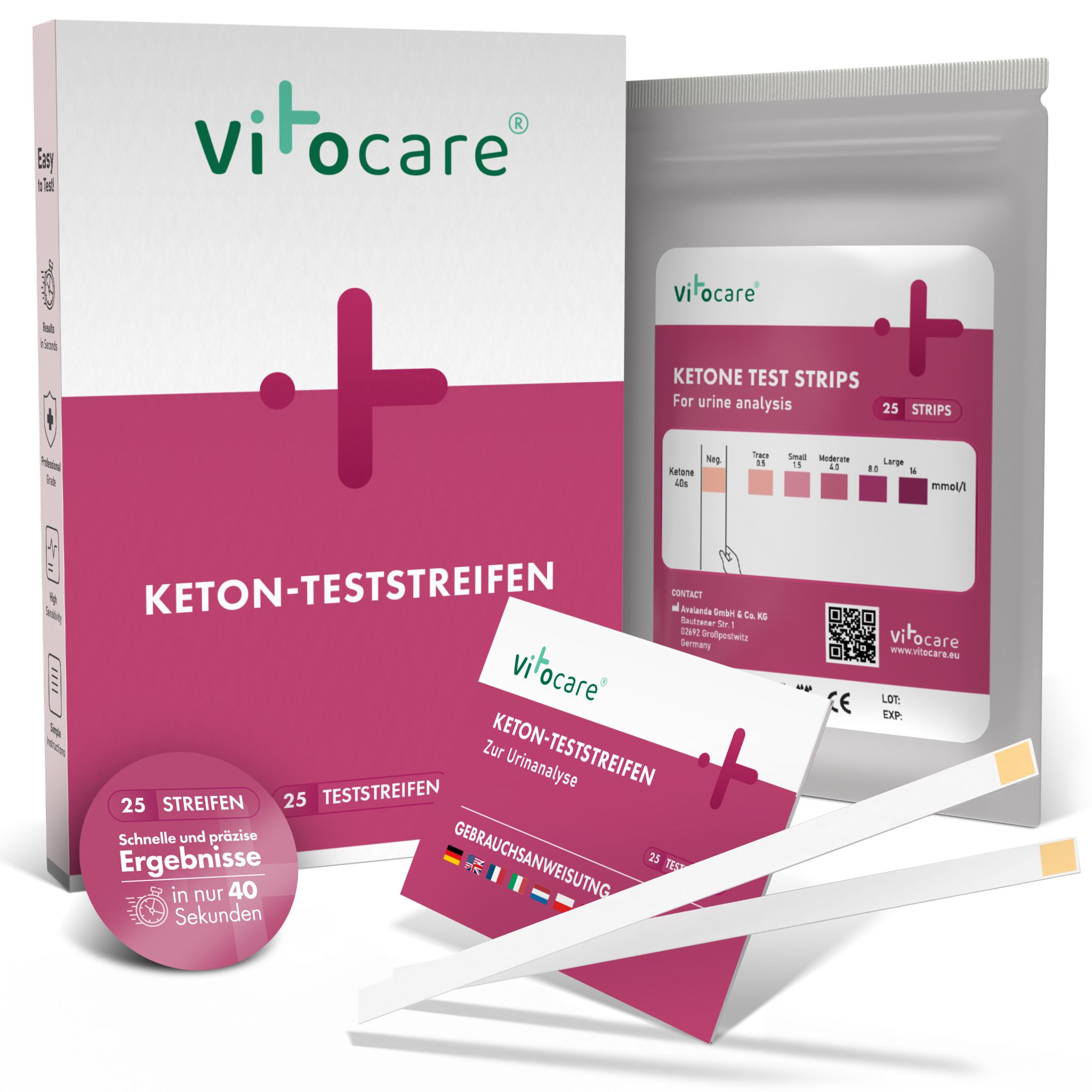 Vitocare 25x Ketose Teststreifen mit Handbuch, Urin Teststreifen unterstützen beim Abnehmen mit Low Carb Diät, Ketogene Ernährung, Ketone, Ketoneteststreifen