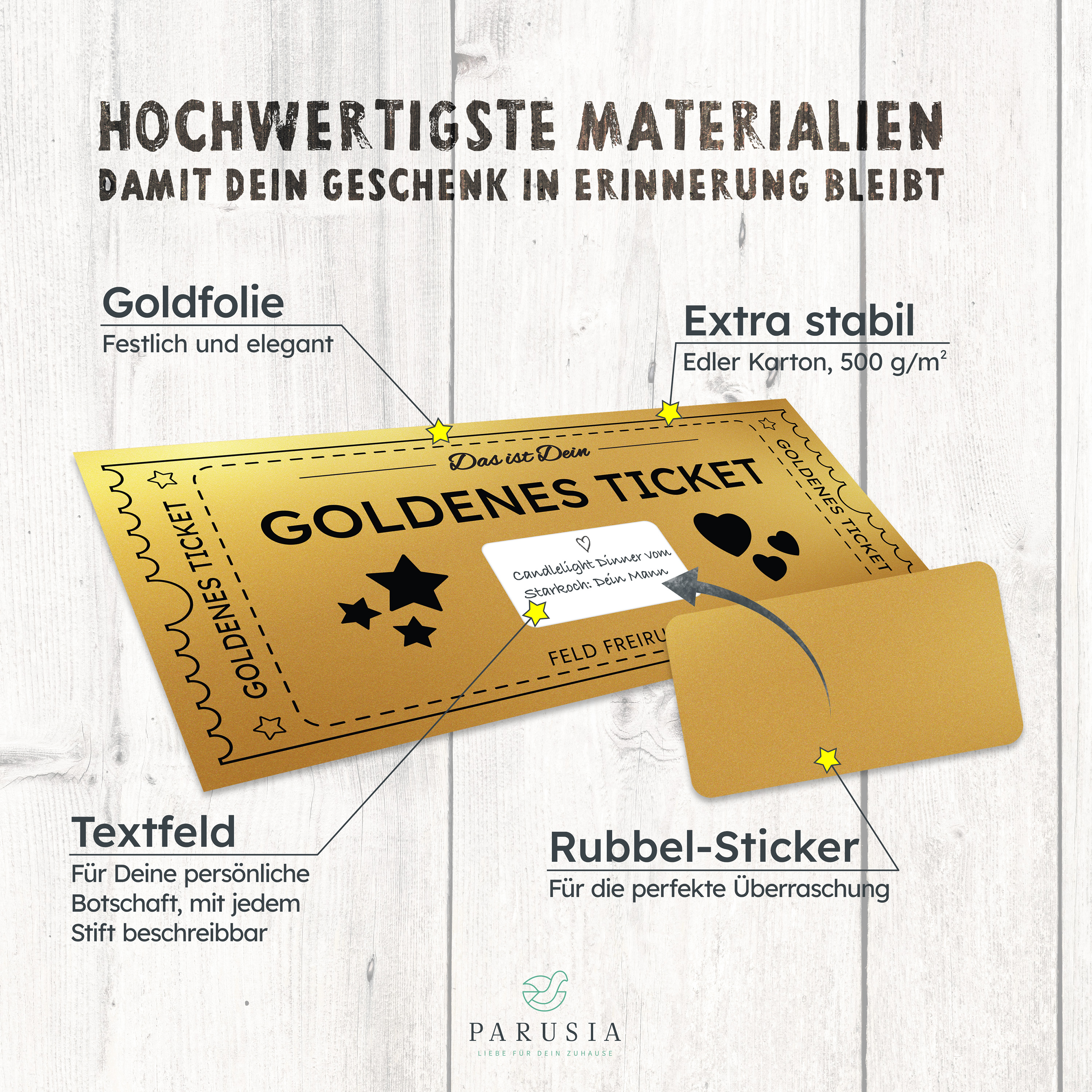 Goldenes Ticket mit Rubbelfeld für persönliche Botschaft (Gutschein) inkl. Umschlag