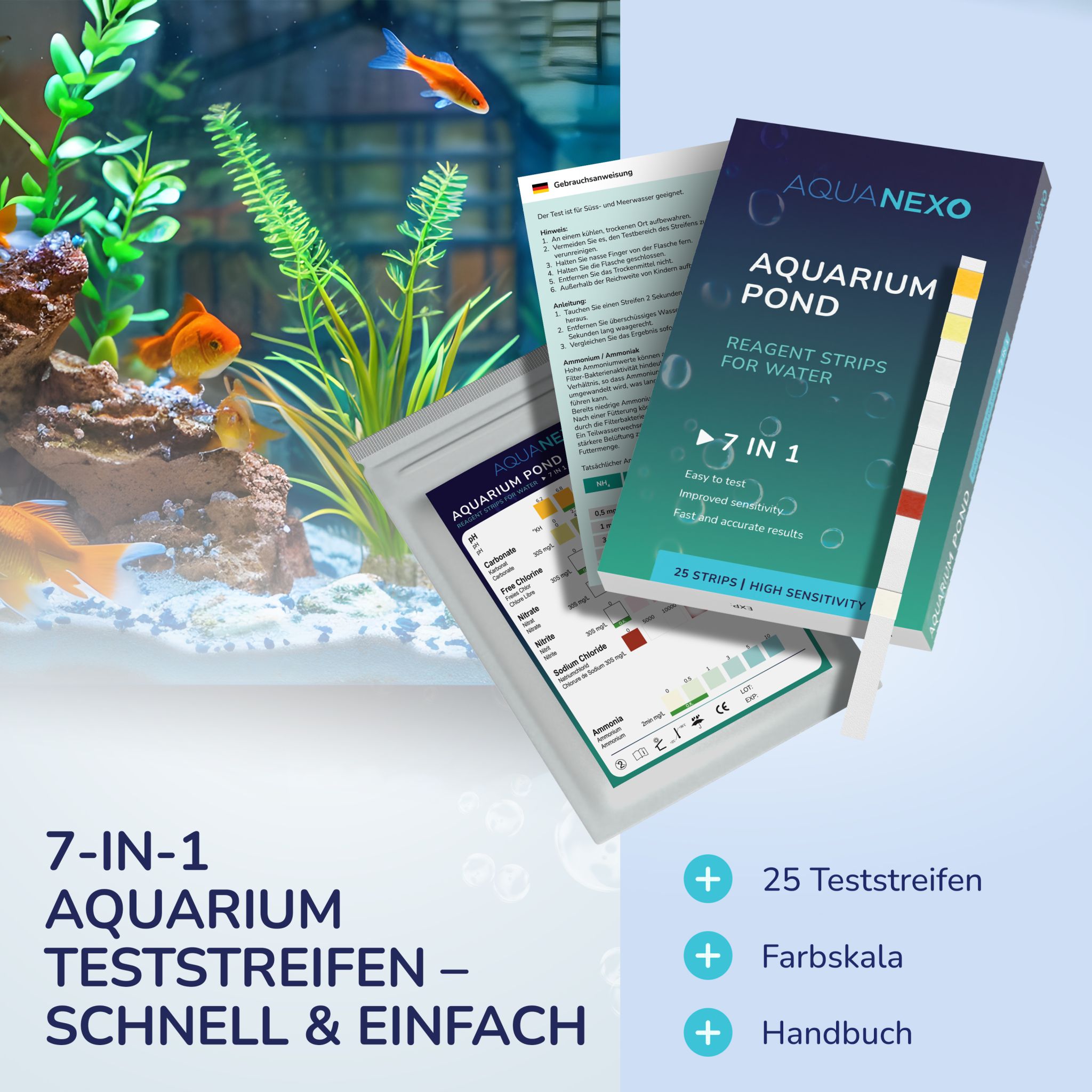 Aquanexo 7in1 Aquarium Teststreifen – Wassertest, 25 Stück