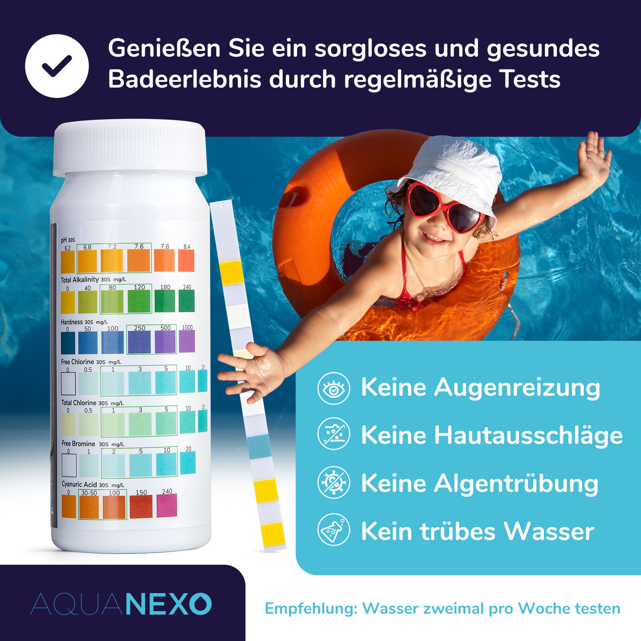 Aquanexo Teststreifen 7in1, pH und Chlor Wassertester 100 st.