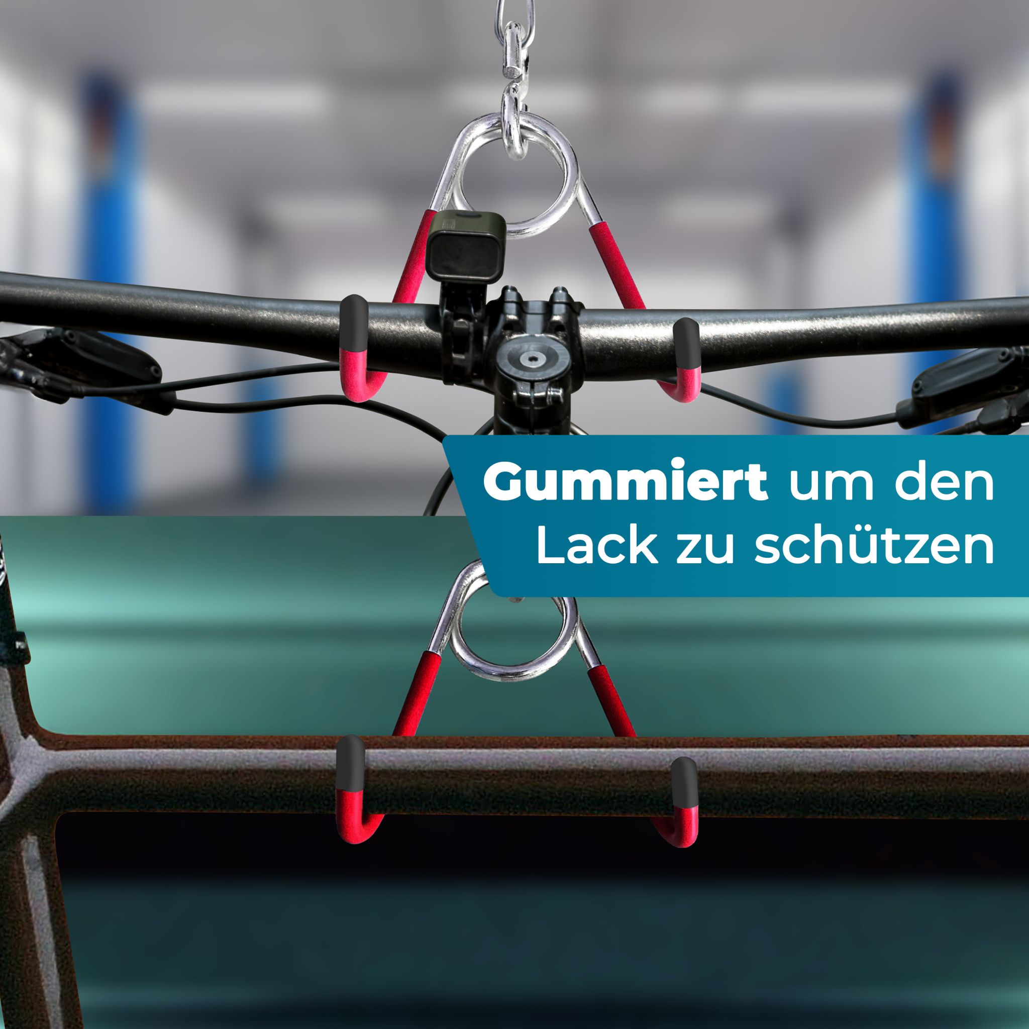 FIXXIA Fahrrad Deckenhalterung silber rot, Fahrradhalter, Deckenhaken, Haken zum Aufhängen an der Decke, platzsparende Fahrradaufhängung, Fahrradhaken an Kette, Montagehalterung (61cm) #1