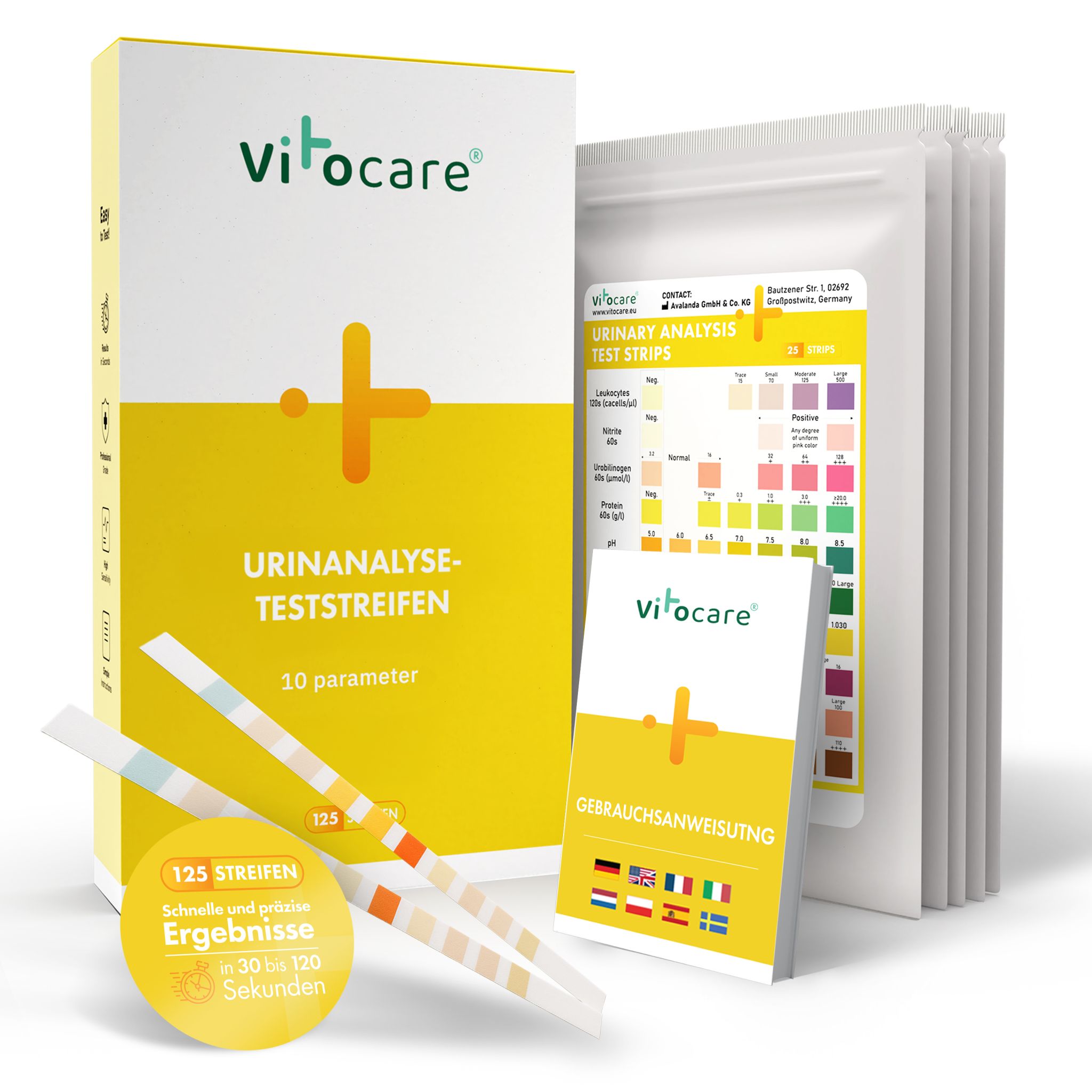 Vitocare Urin Teststreifen 125x mit 10 Parametern, Selbsttest bei Blasenentzündung, Urinteststreifen Harnwegsinfekt, unterstützt beim Abnehmen mit Low Carb, Ketogene Ernährung