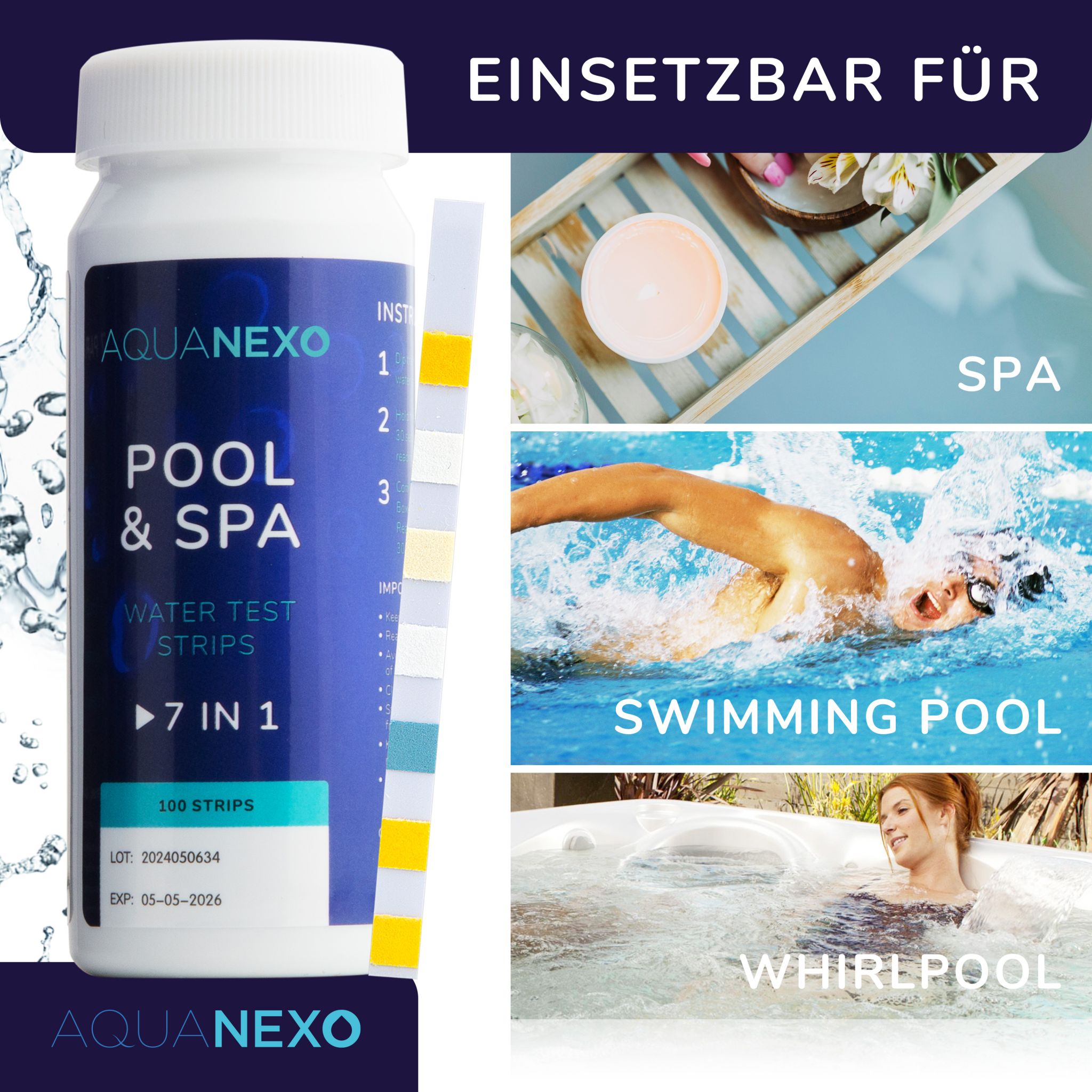 Aquanexo Teststreifen 7in1, pH und Chlor Wassertester 100 st.